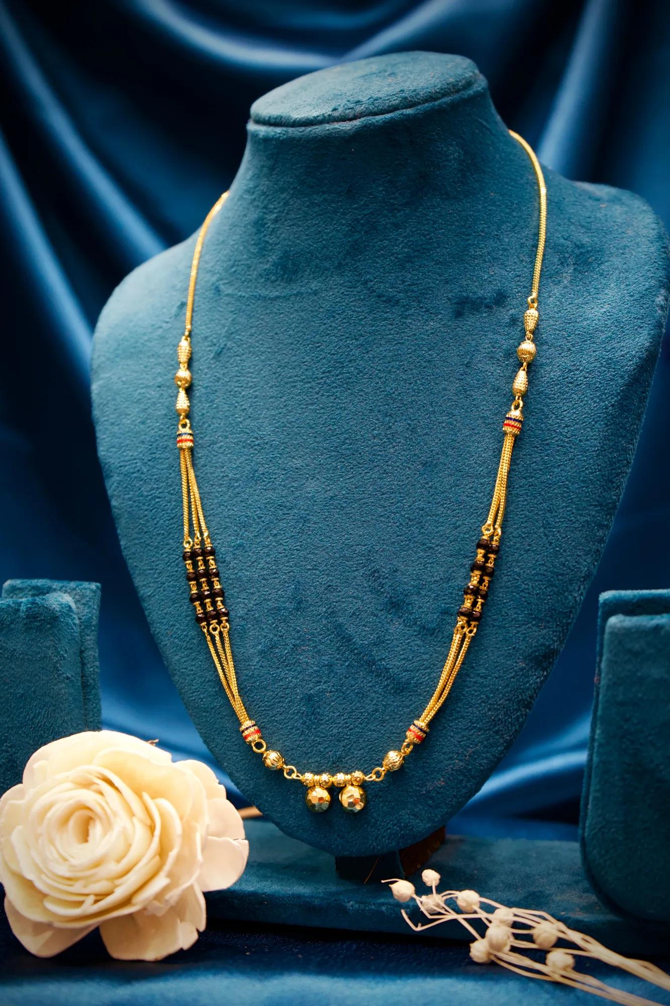 Traditional Triple-Strand Black Bead Mangalsutra with Dual Gold Charms