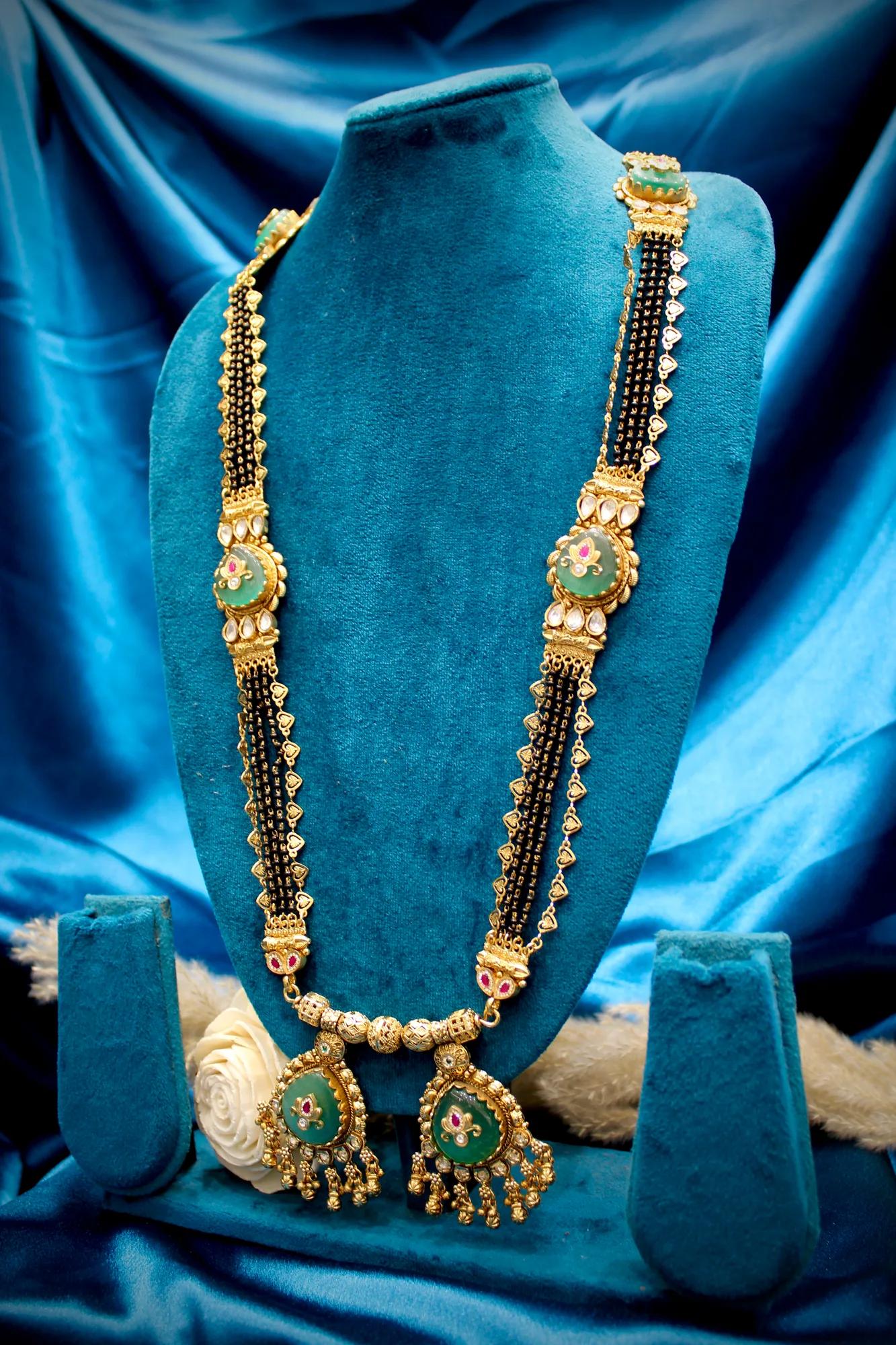 Royal Aqua Green Dual-Pendant Traditional Mangalsutra Necklace Set