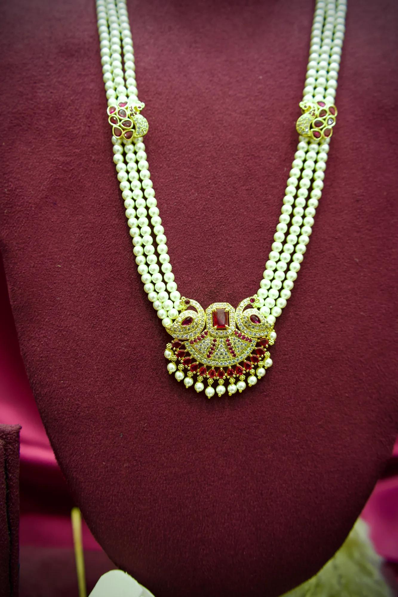 Classic Pearl Pendant Necklace Set with Ruby Stone Accents