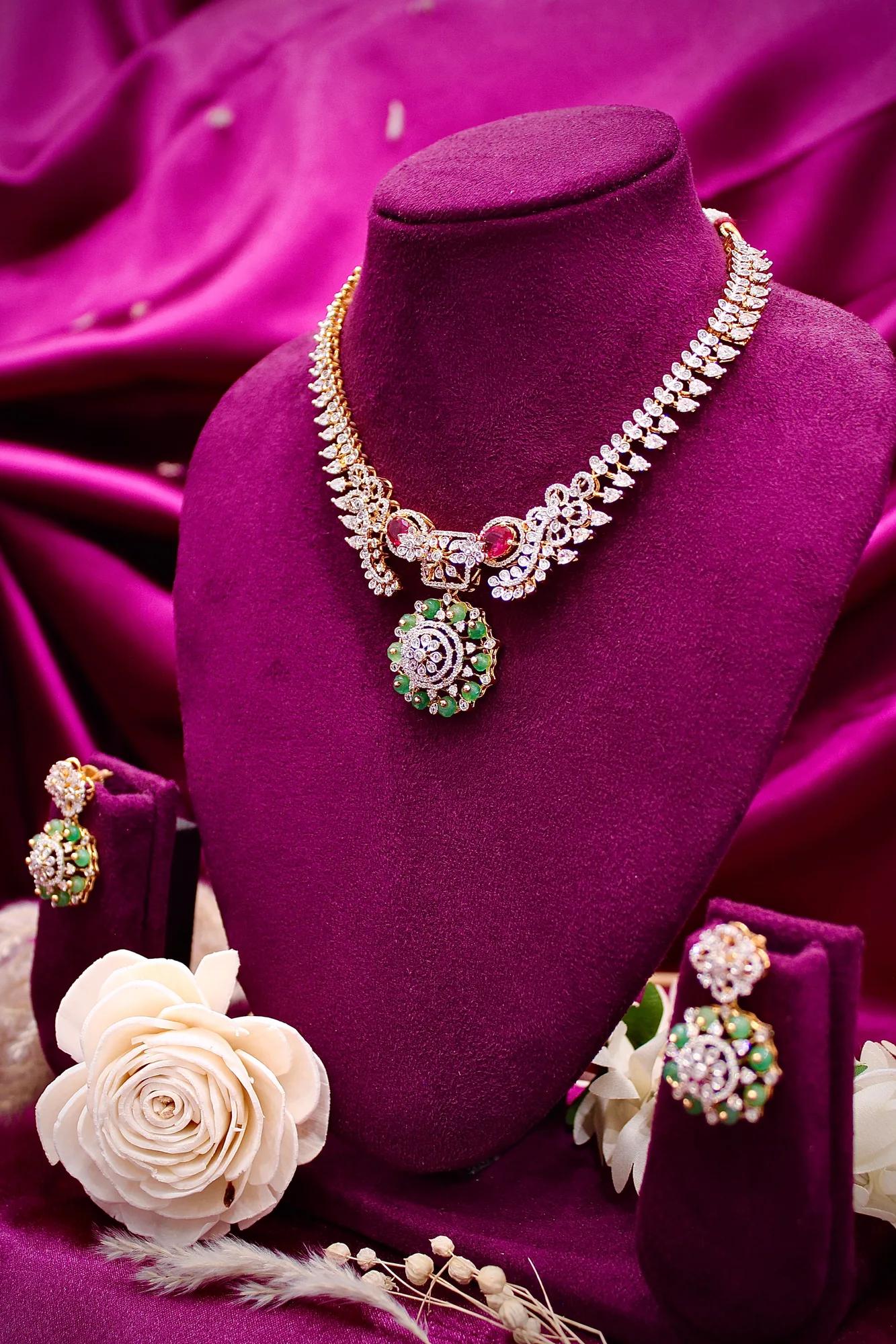 Emerald & Ruby Accent American Diamond Pendant Necklace Set