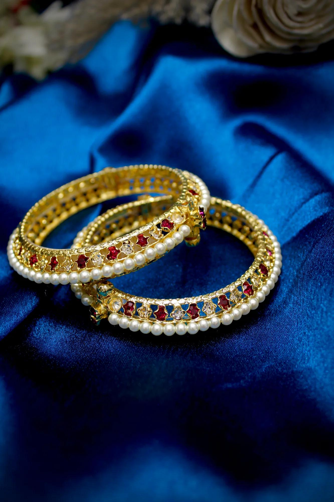 Pearl, Ruby & Crystal Designer Bangles (Set of 2)