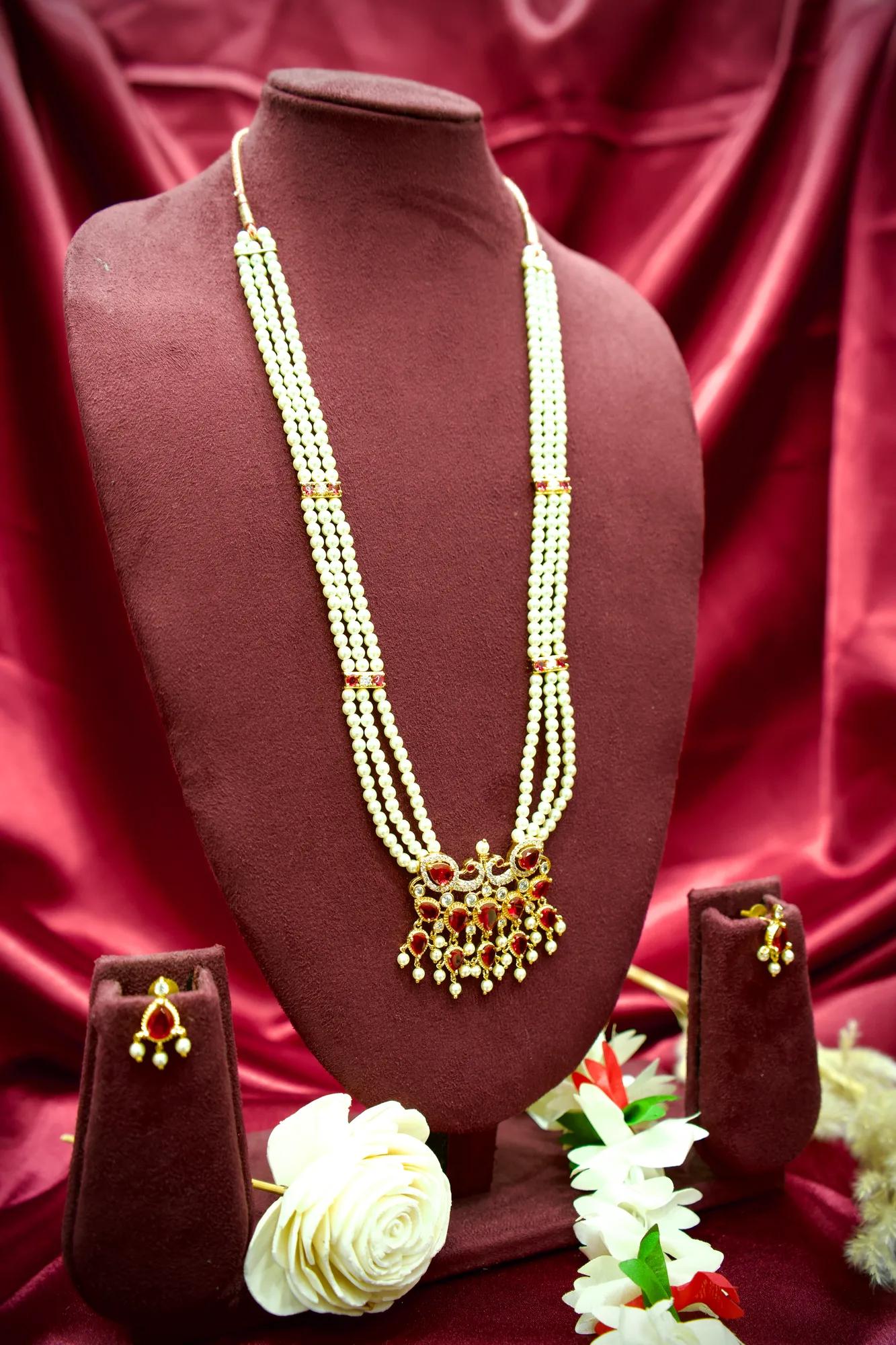 Royal Ruby Pearl Layered Necklace Set