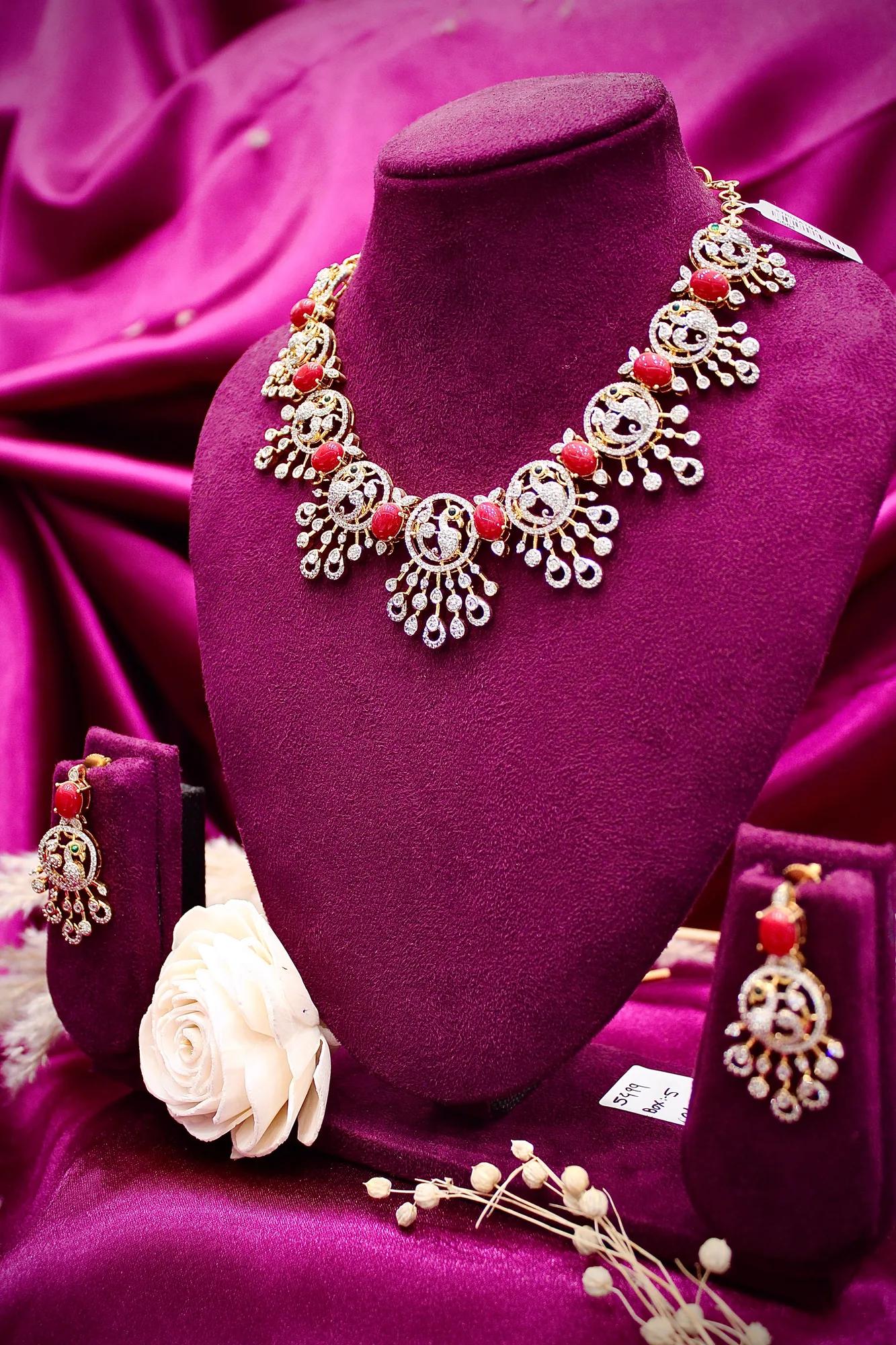 Coral Stone American Diamond Statement Necklace Set