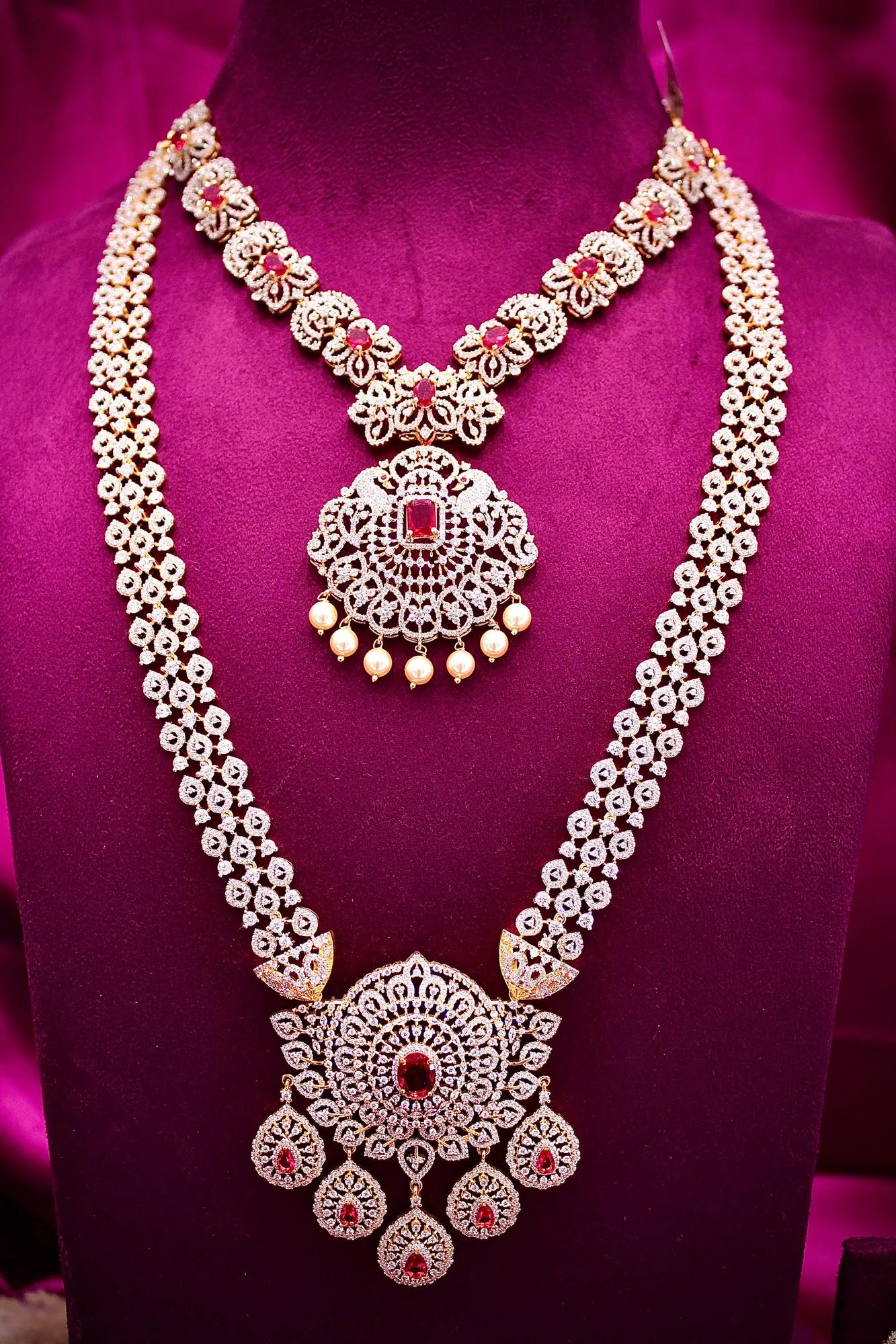 Royal Dual-Layer American Diamond Necklace Set with Ruby Accents
