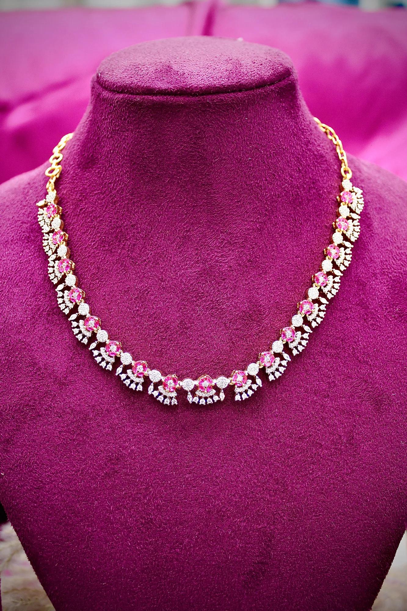 Pink Crystal Floral Necklace Set with Matching Earrings