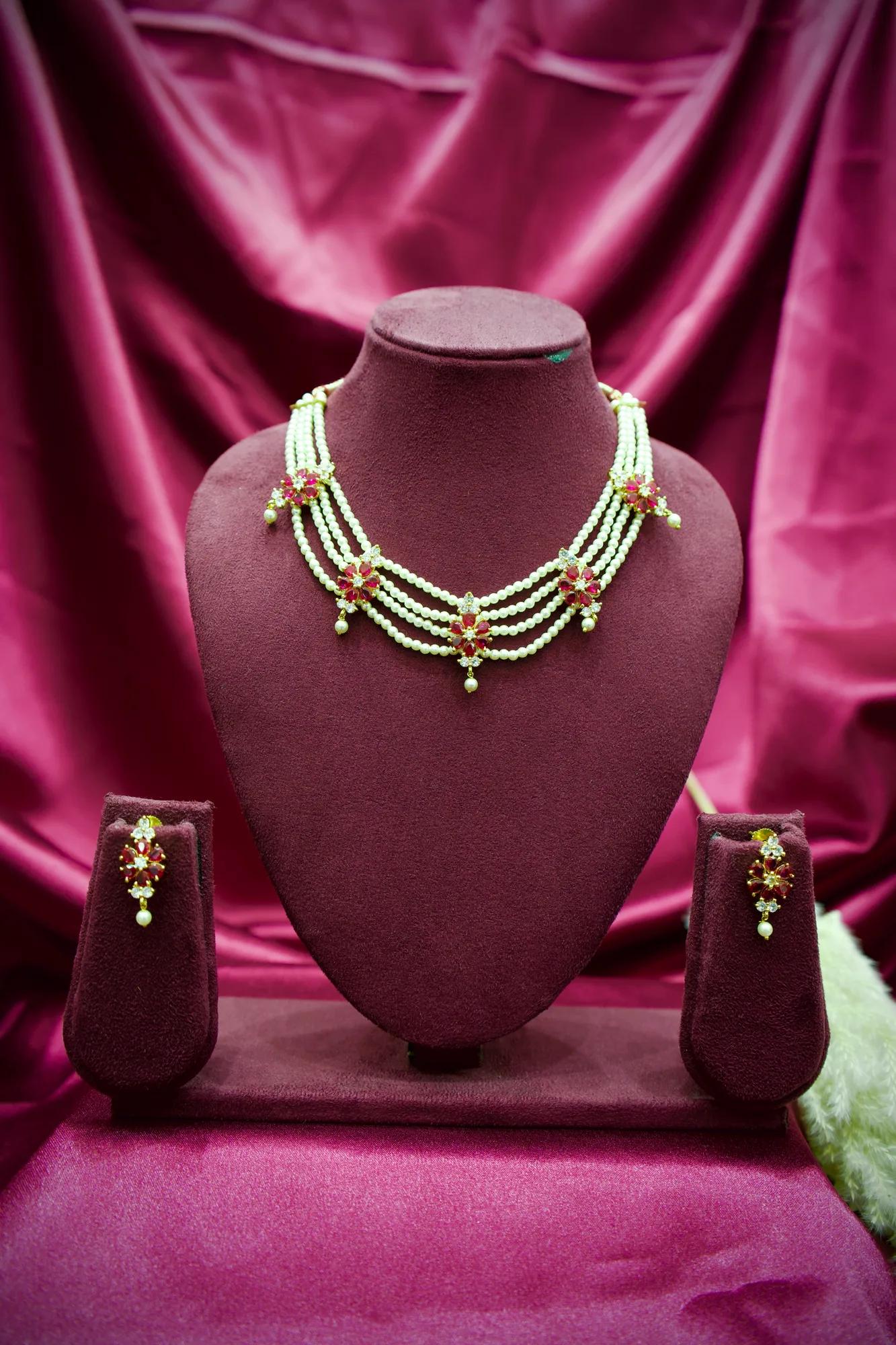 Floral Pearl Layered Choker Necklace Set
