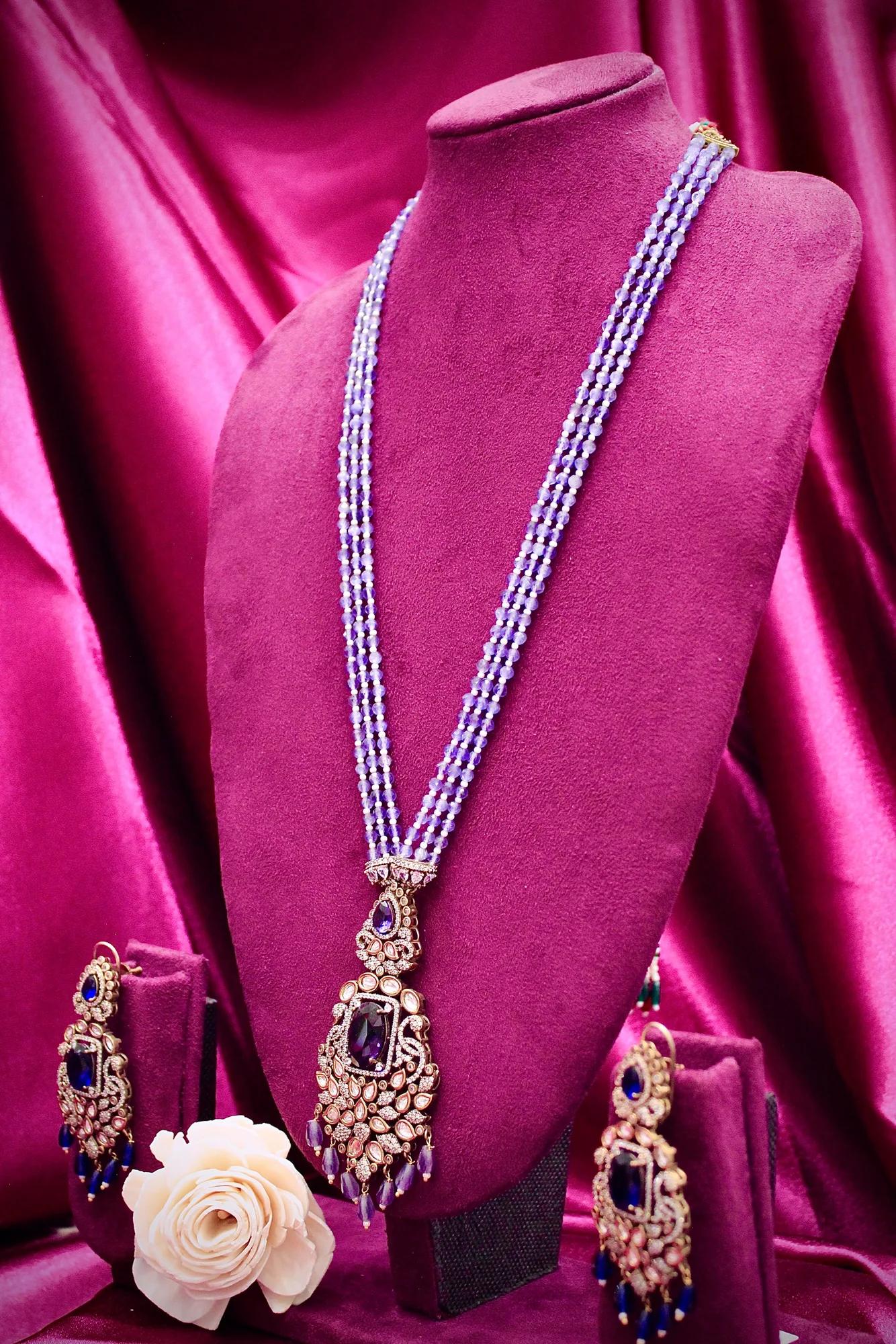 Royal Sapphire Blue Beaded Pendant Necklace Set