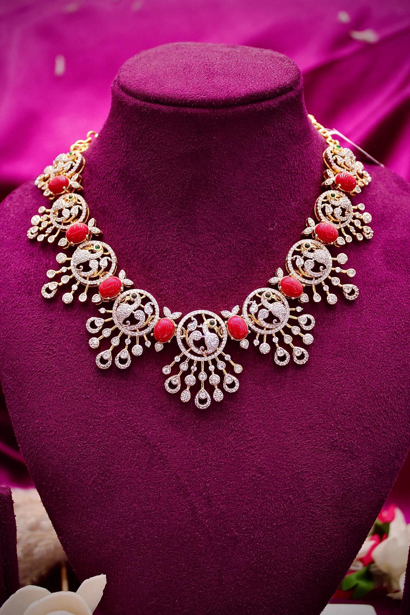 Coral Stone American Diamond Statement Necklace Set