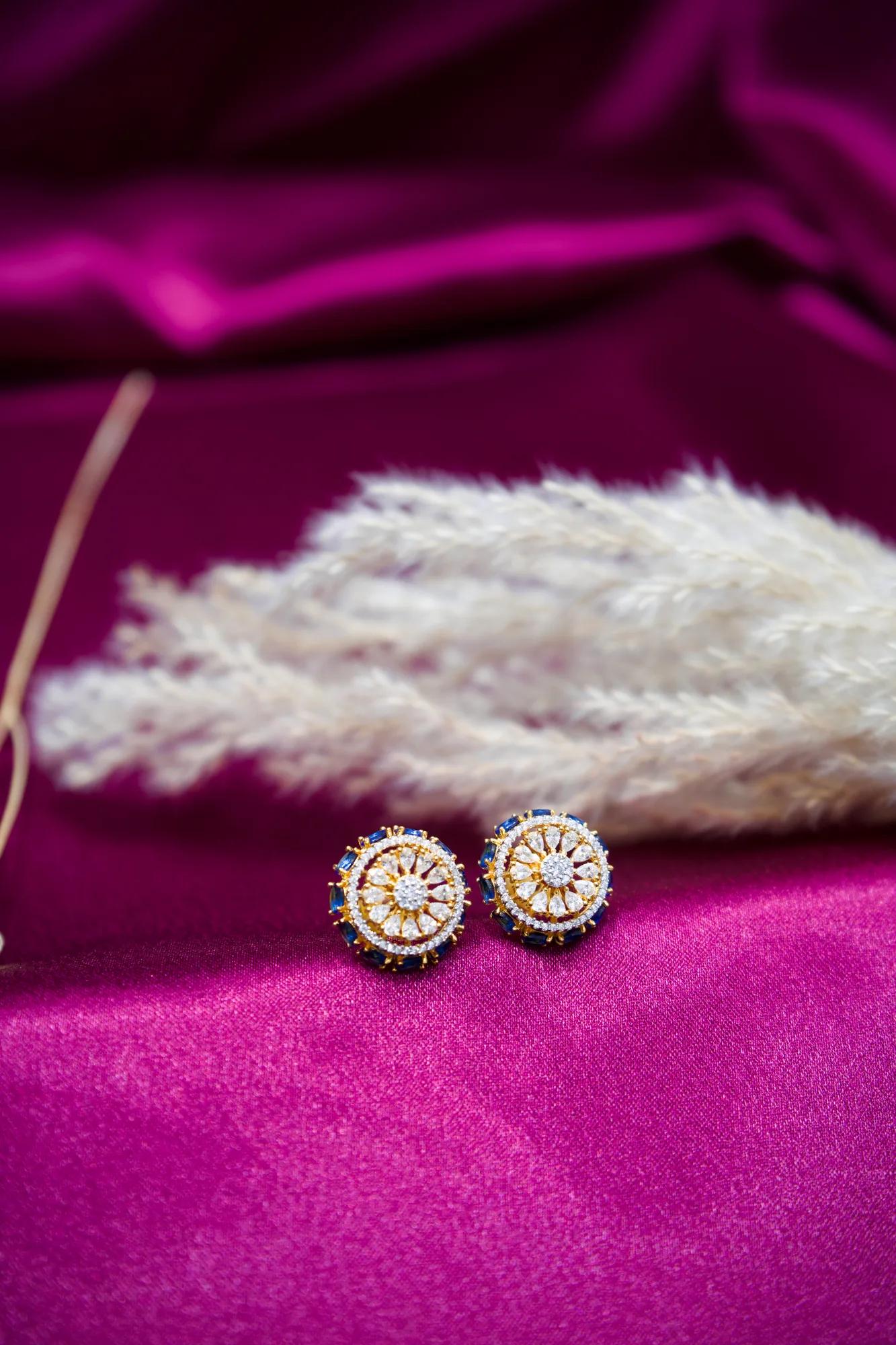 Royal Blue Stone Floral Stud Earrings