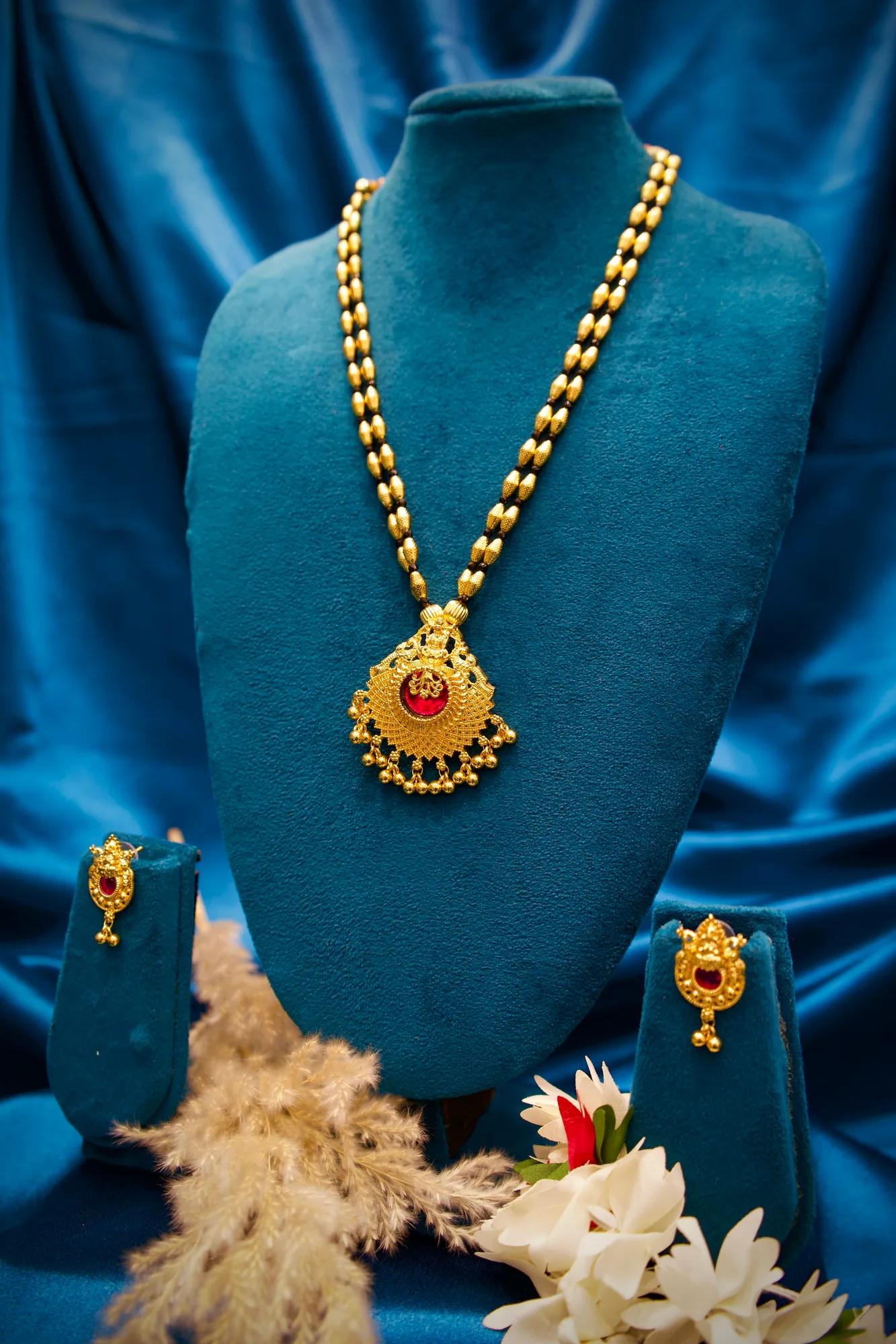 Traditional Black Bead Mangalsutra Pendant Set with Ruby Stone