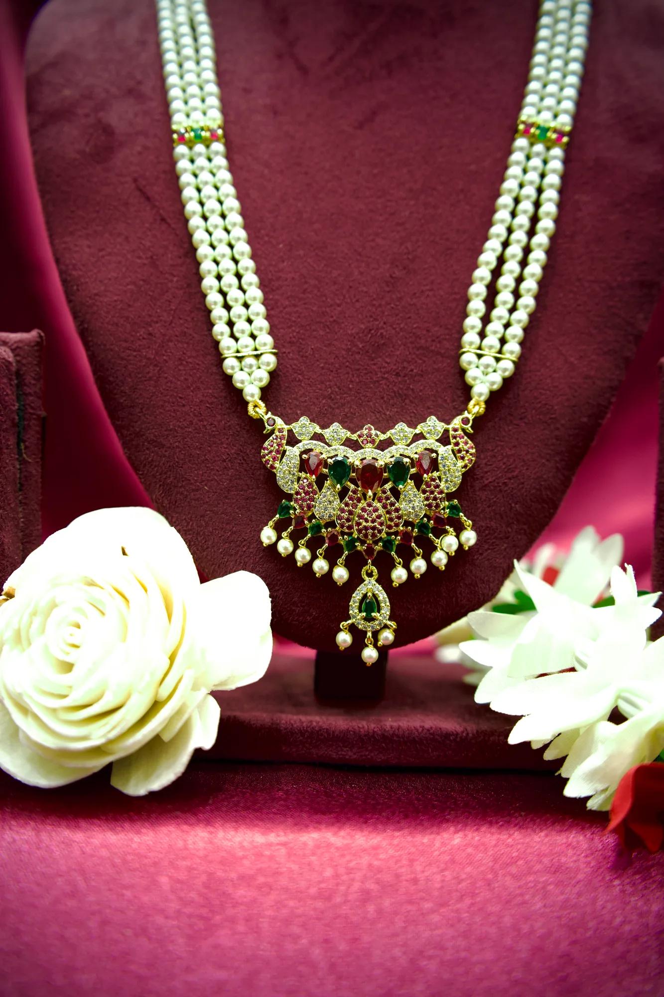 Royal Peacock Pearl Necklace Set with Emerald & Ruby Stone Pendant