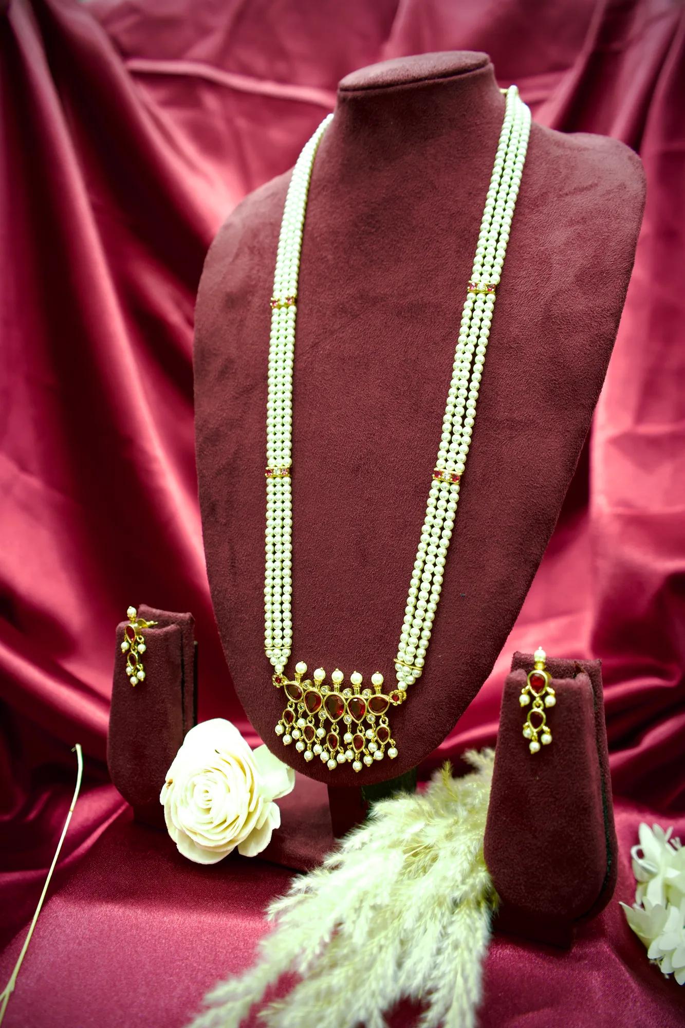 Royal Ruby Pearl Long Haram Necklace Set