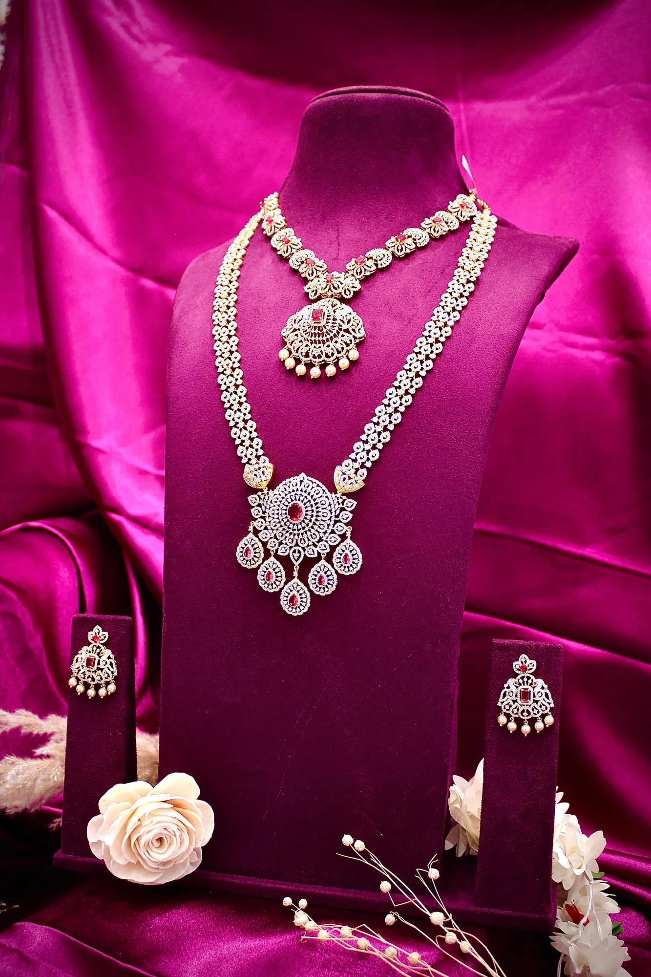 Royal Dual-Layer American Diamond Necklace Set with Ruby Accents