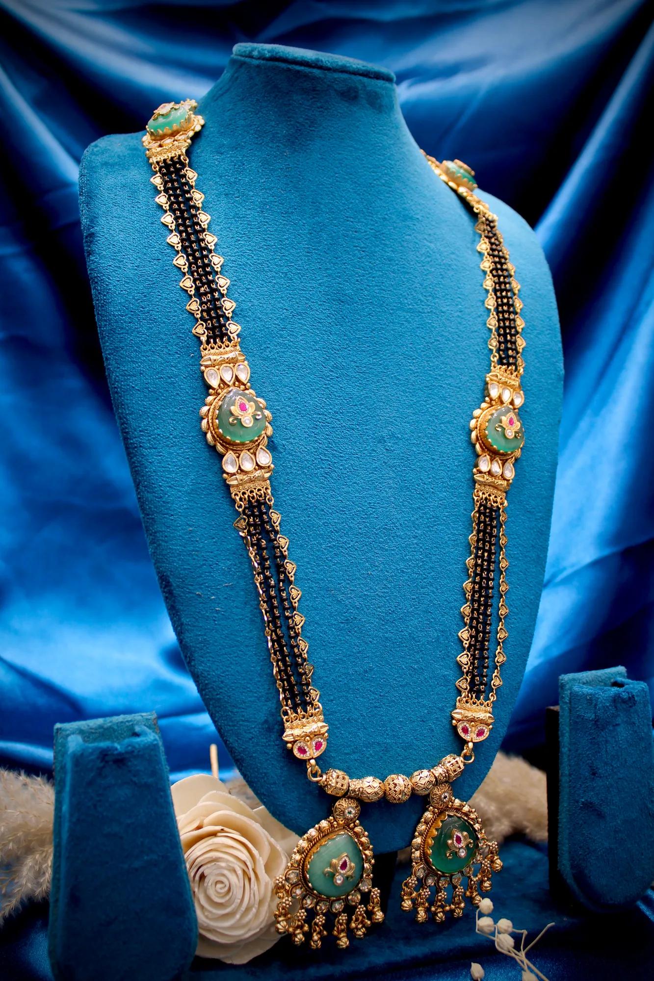 Royal Aqua Green Dual-Pendant Traditional Mangalsutra Necklace Set