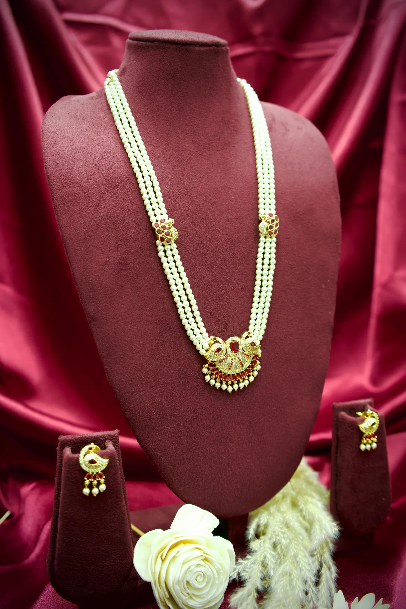 Classic Pearl Pendant Necklace Set with Ruby Stone Accents
