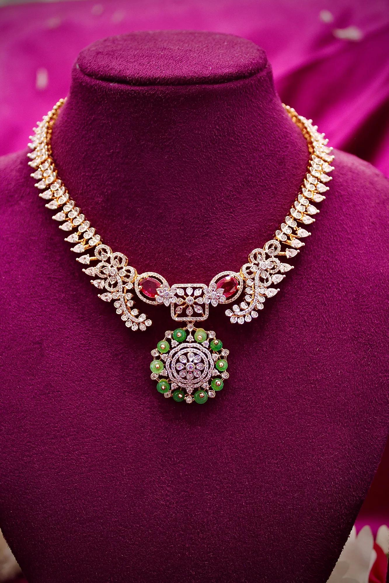 Emerald & Ruby Accent American Diamond Pendant Necklace Set