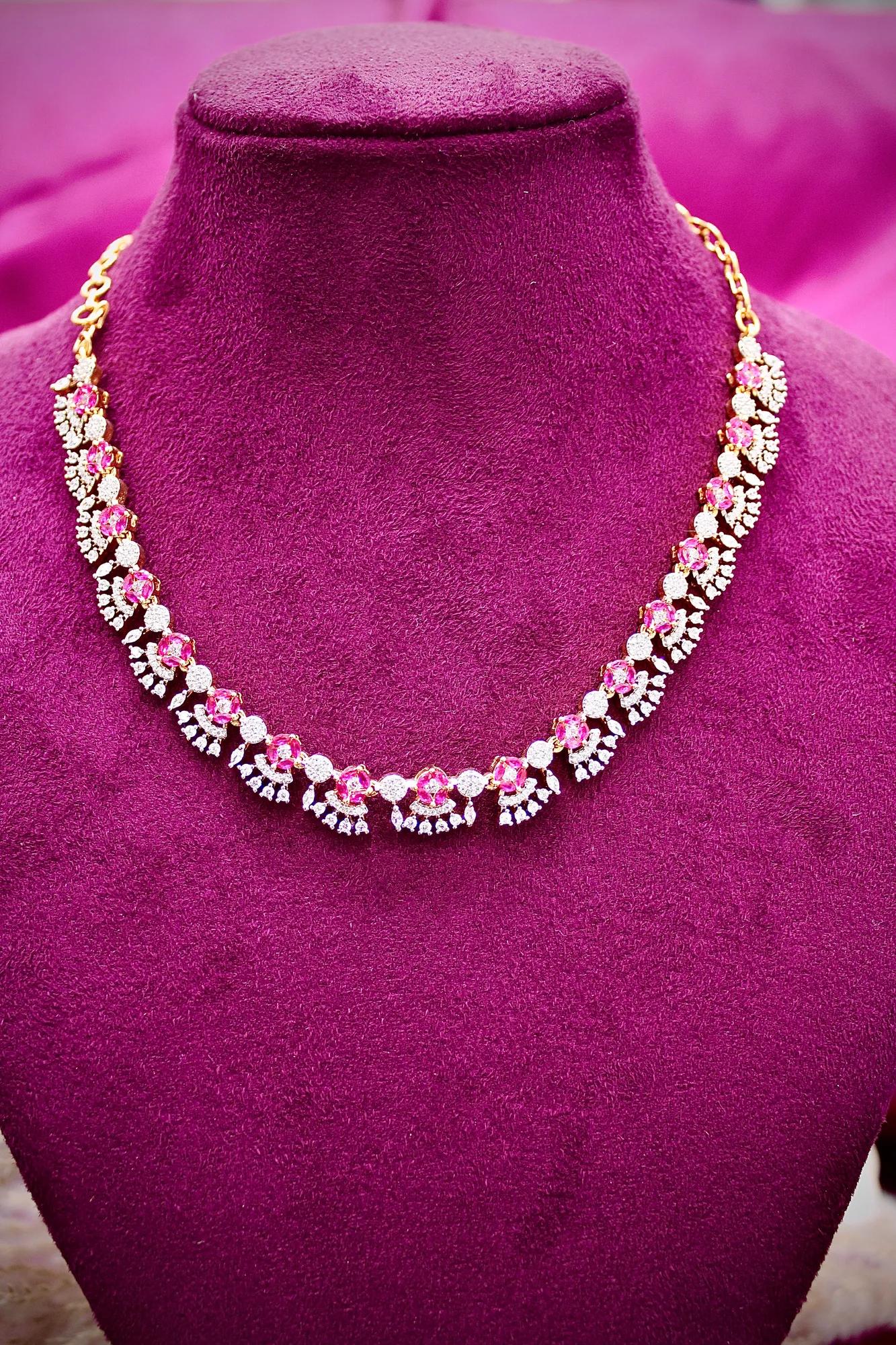 Pink Crystal Floral Necklace Set with Matching Earrings