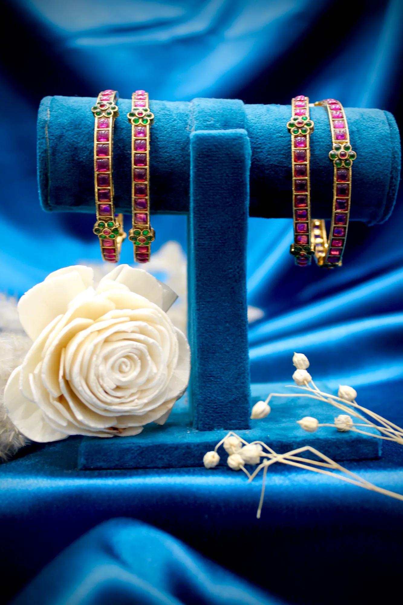 Ruby Green Floral Antique Stone Bangles Set