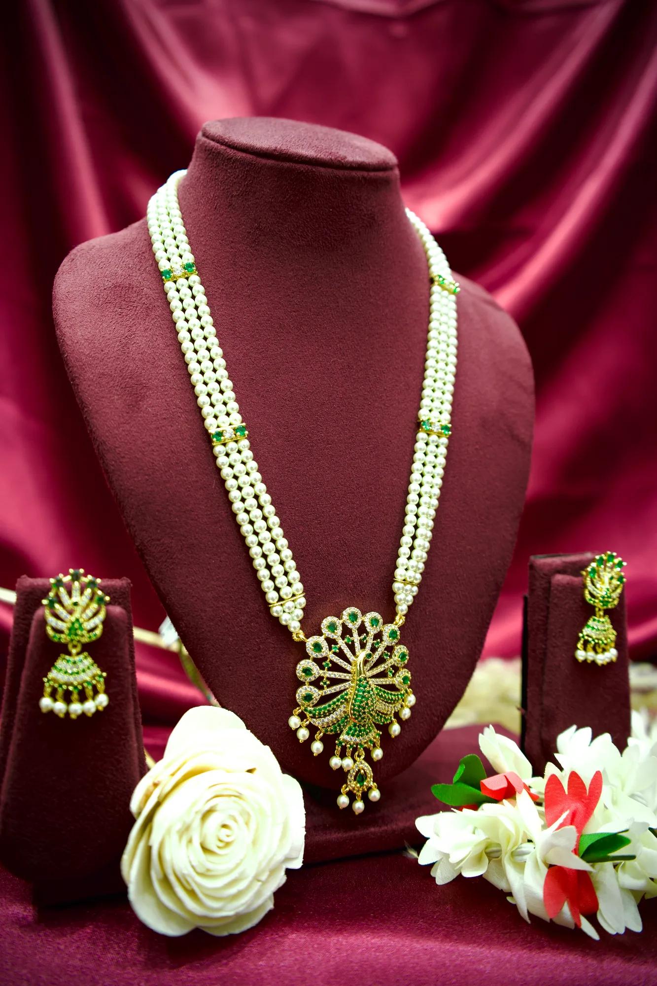 Royal Peacock Pearl Long Necklace Set