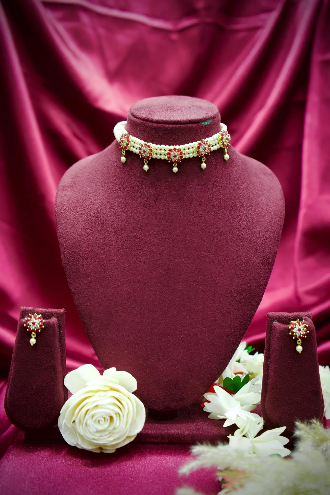 Floral Pearl Choker Necklace Set with Pink Stone Accents