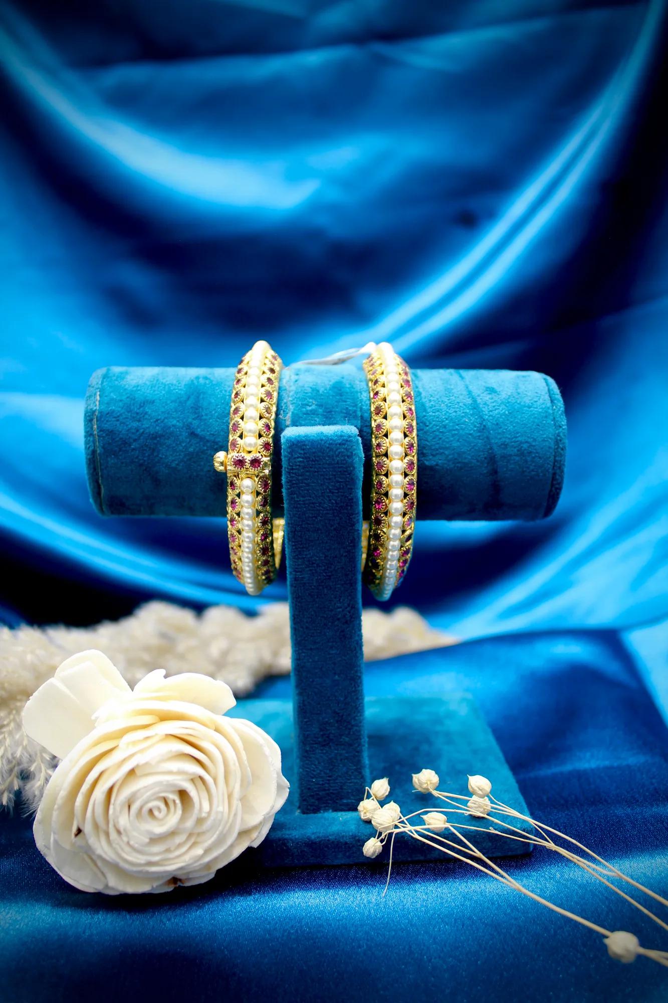 Pearl & Ruby CZ Traditional Bangles (Set of 2)