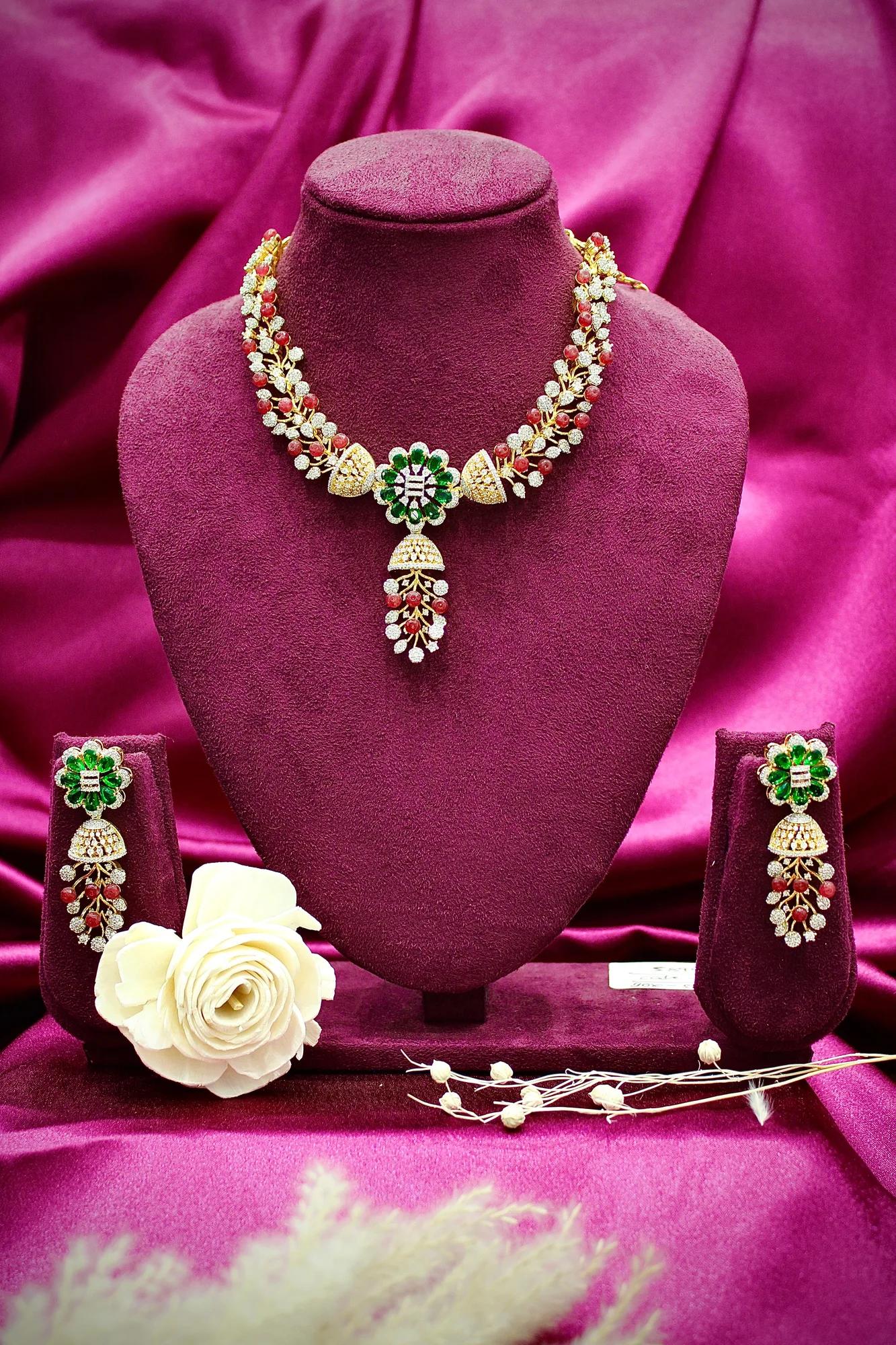 Royal Emerald Floral Jhumka Drop Earrings with Ruby Accents