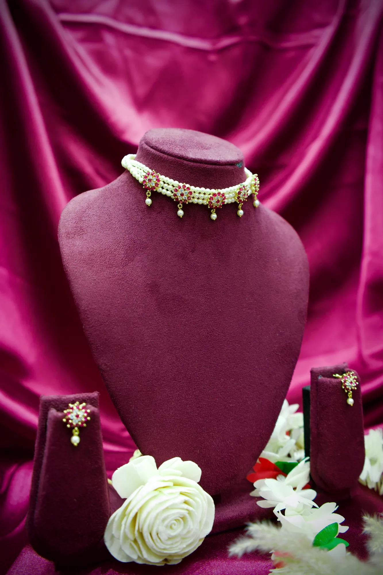 Floral Pearl Choker Necklace Set with Pink Stone Accents