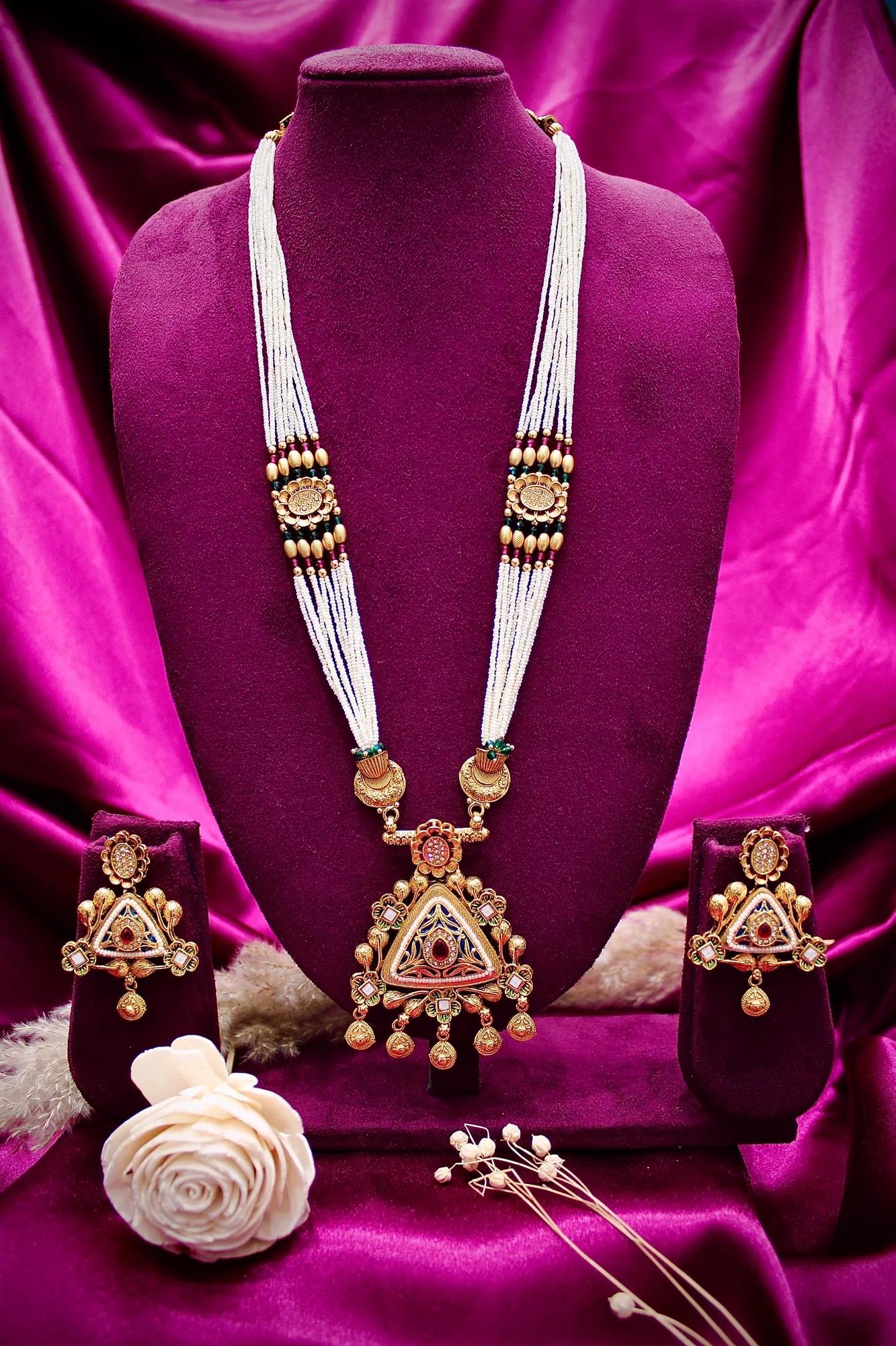 Traditional Triangle Pendant Pearl Mala Necklace Set