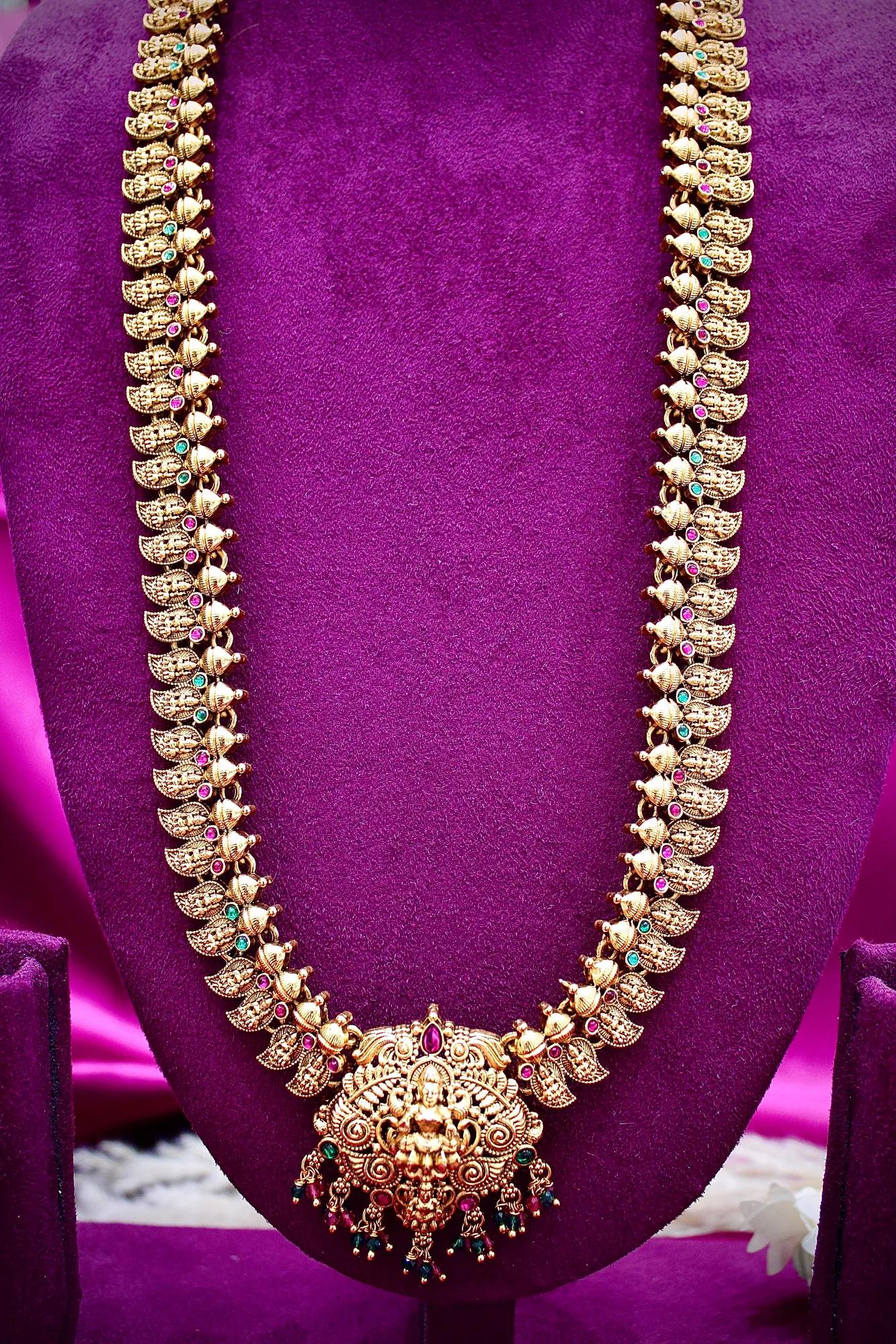 Royal Temple Lakshmi Long Haram Necklace Set