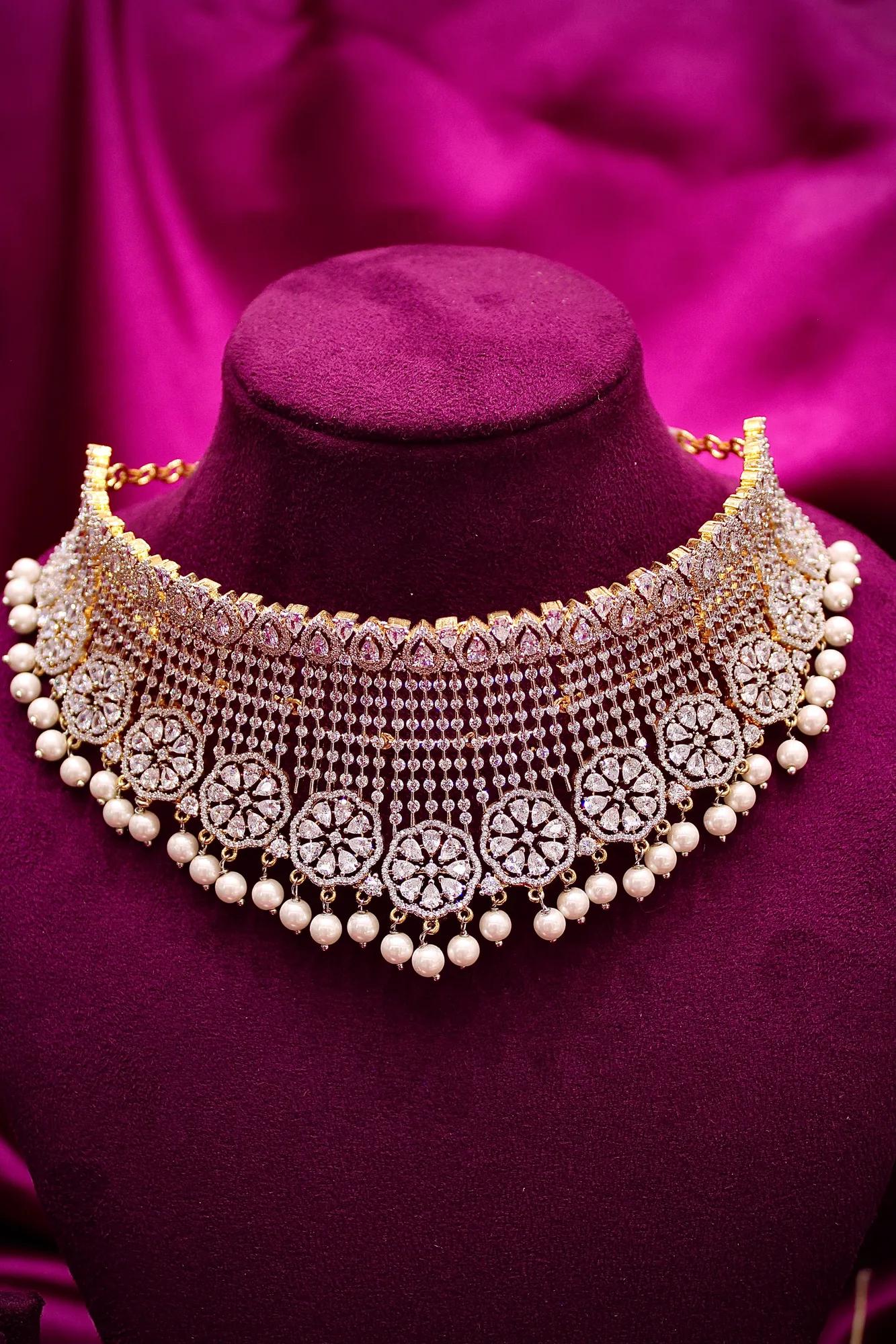 Royal American Diamond Pearl Fringe Choker Set with Long Earrings