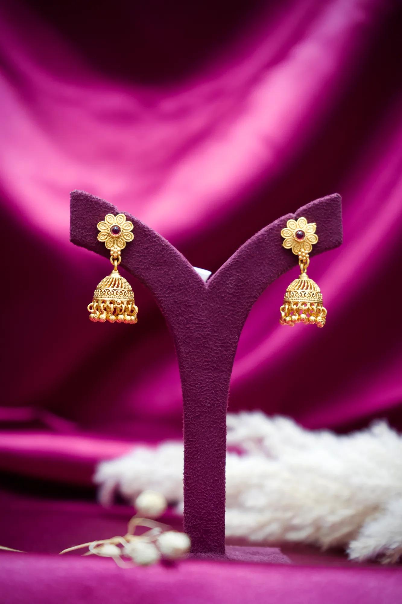 Traditional Floral Jhumka Drop Earrings with Ruby Stone