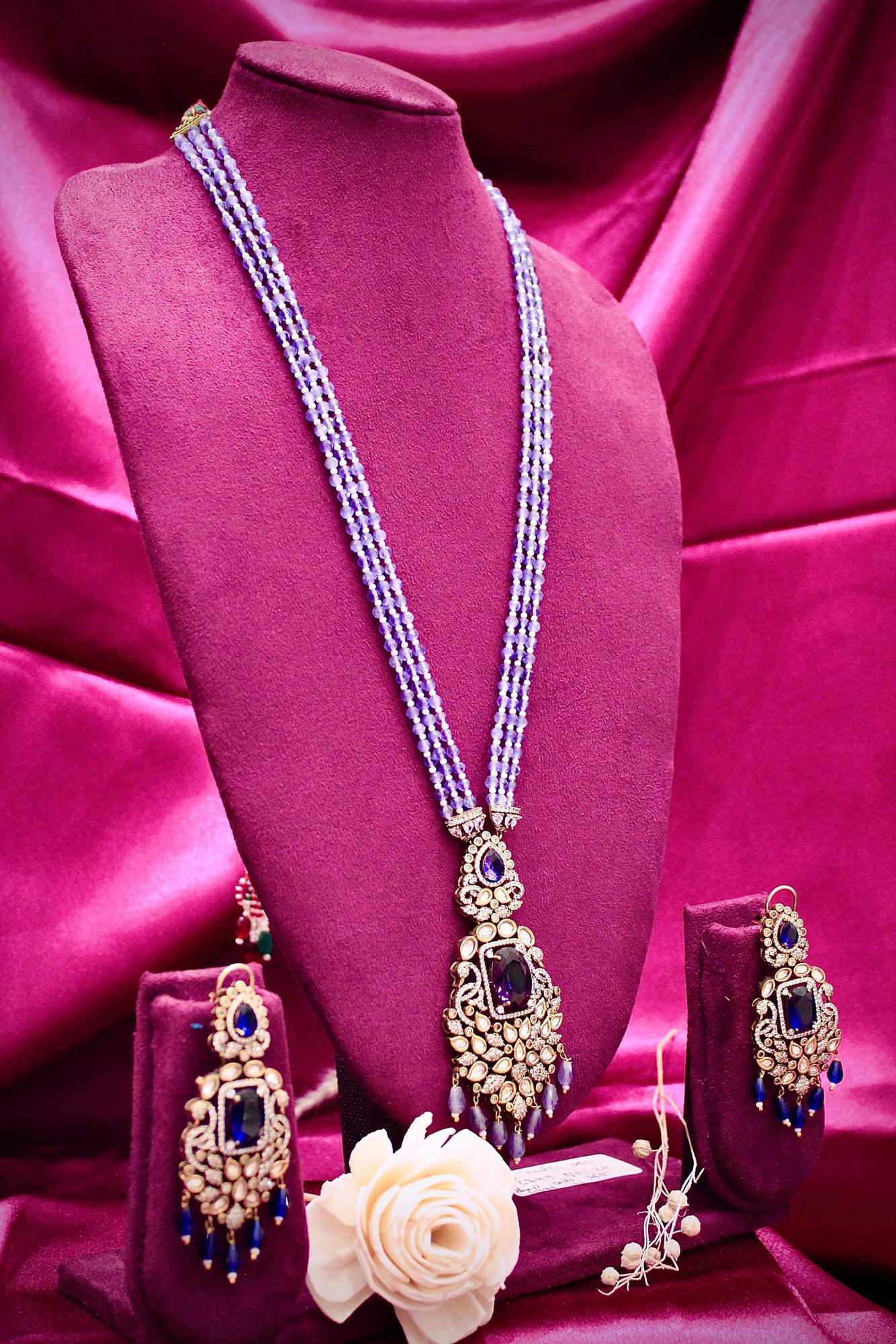 Royal Sapphire Blue Beaded Pendant Necklace Set
