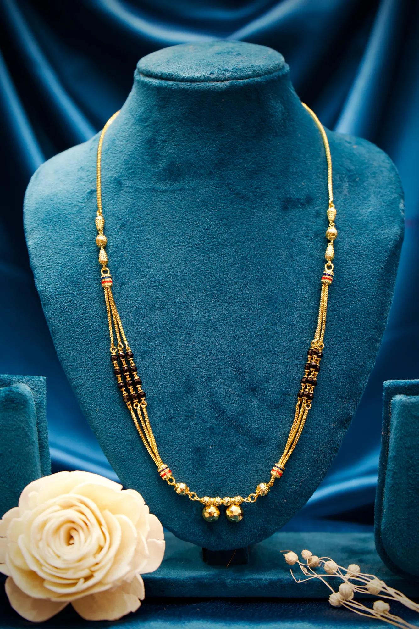 Traditional Triple-Strand Black Bead Mangalsutra with Dual Gold Charms