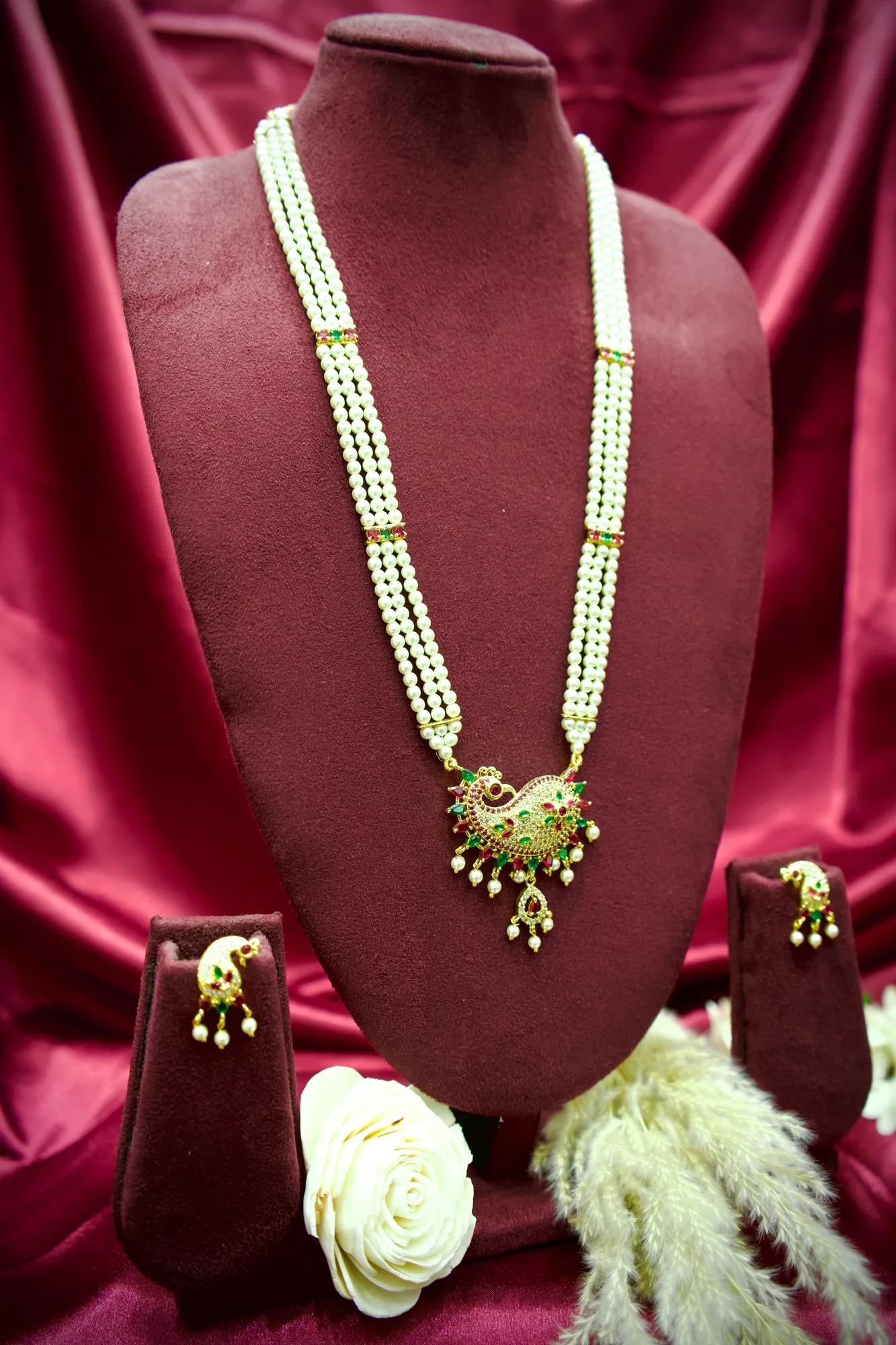 Royal Pearl Peacock Long Necklace Set