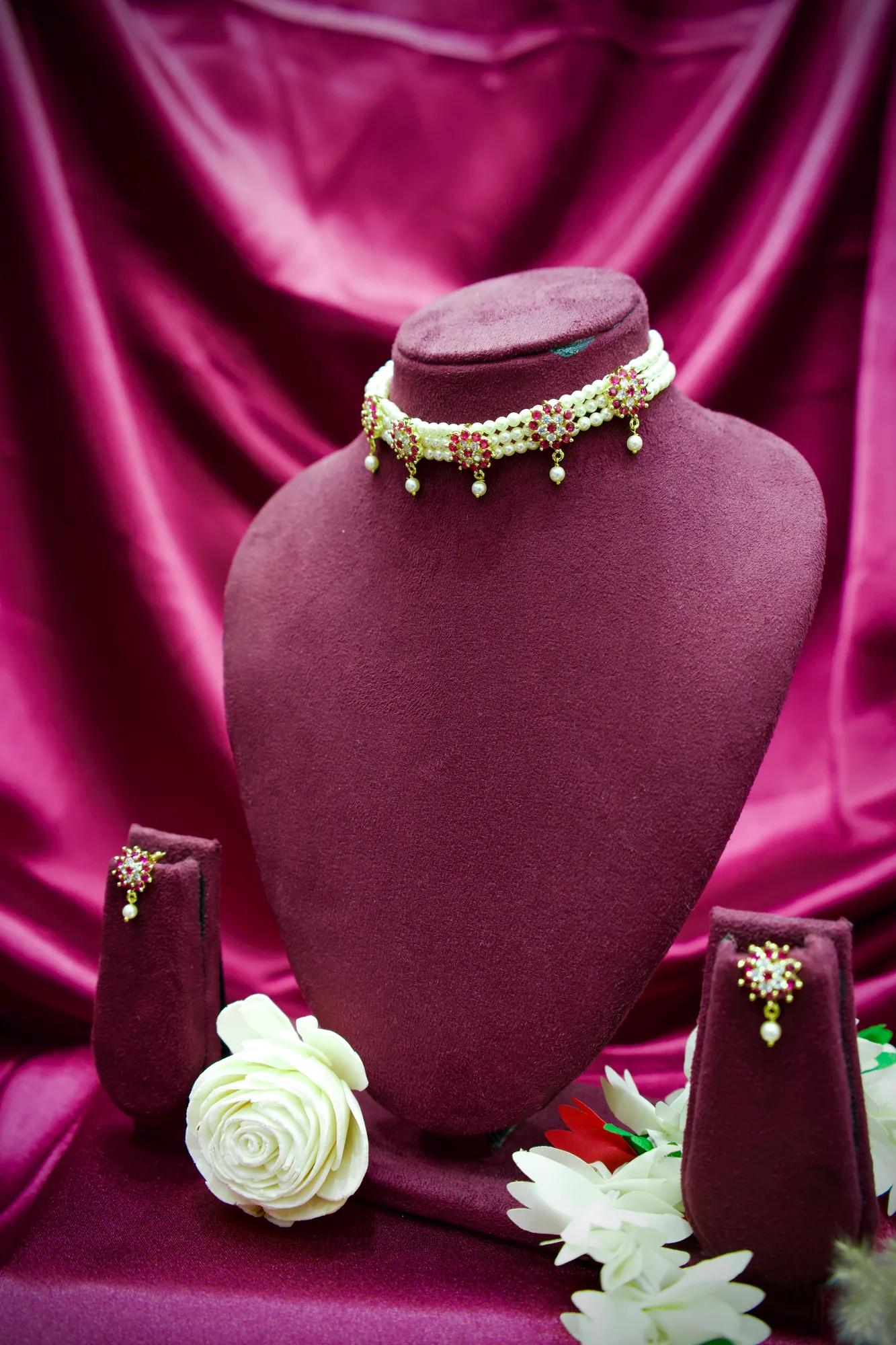 Floral Pearl Choker Necklace Set with Pink Stone Accents