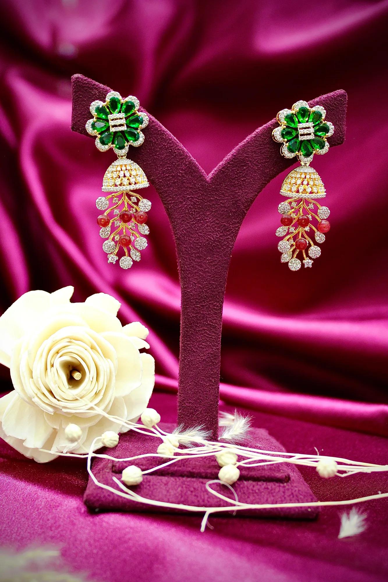 Royal Emerald Floral Jhumka Drop Earrings with Ruby Accents