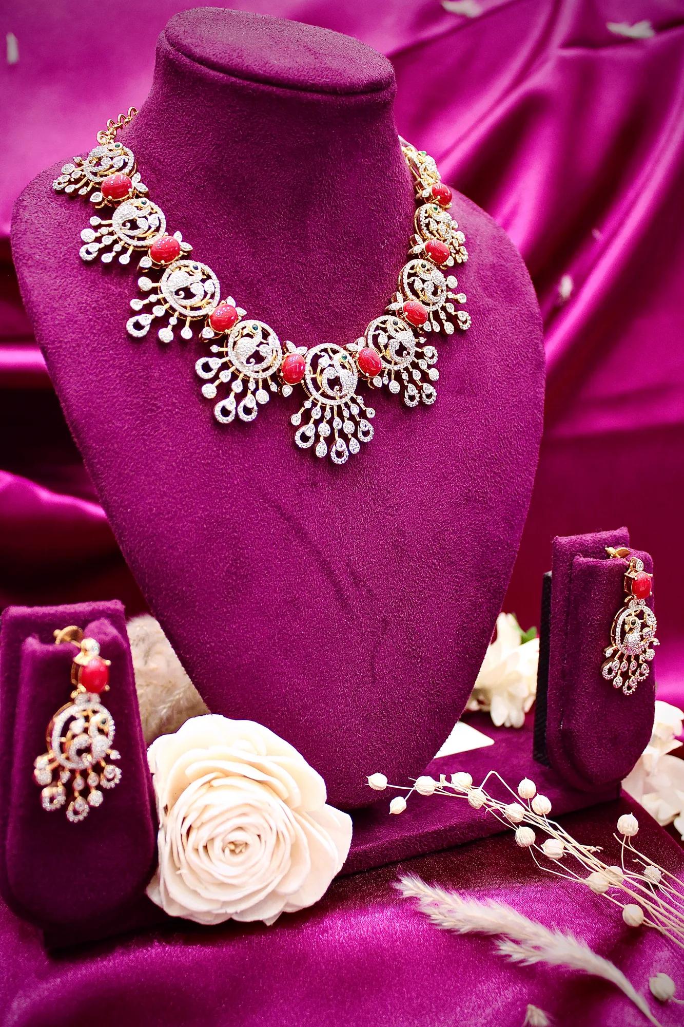 Coral Stone American Diamond Statement Necklace Set