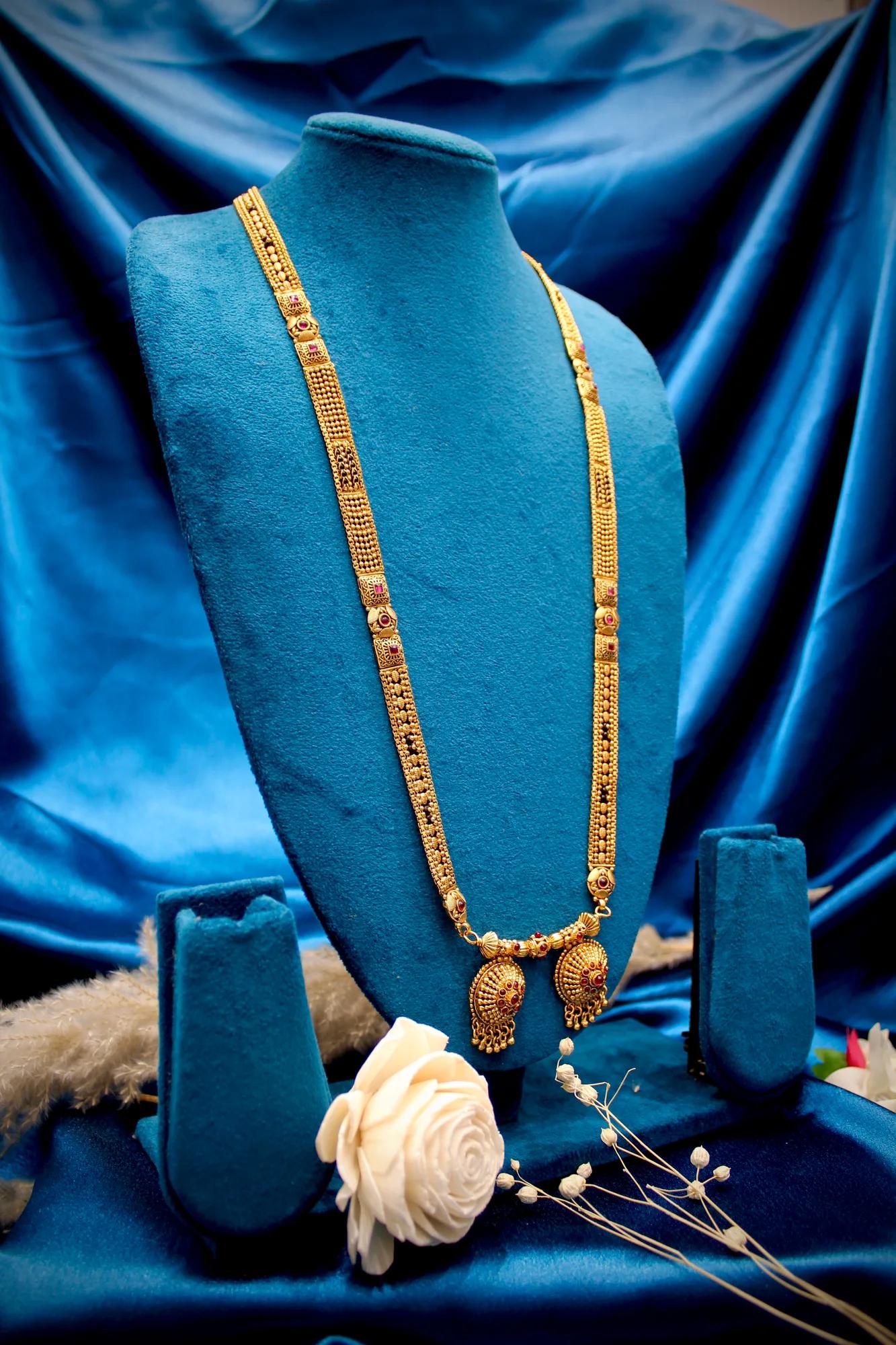 Heritage Antique Gold Long Mangalsutra with Twin Dome Pendants