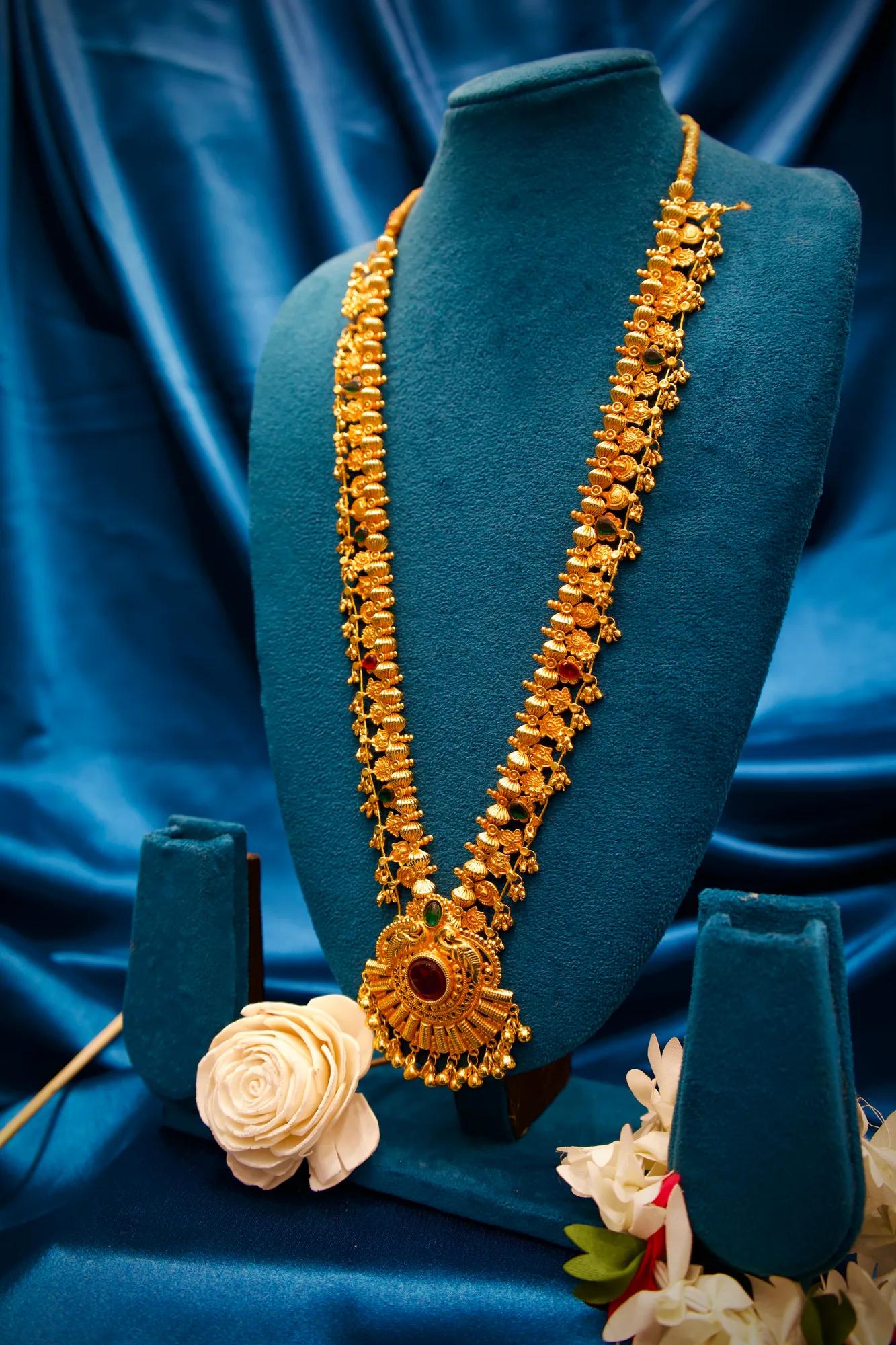 Antique Temple Long Haram Necklace with Ruby & Emerald Pendant