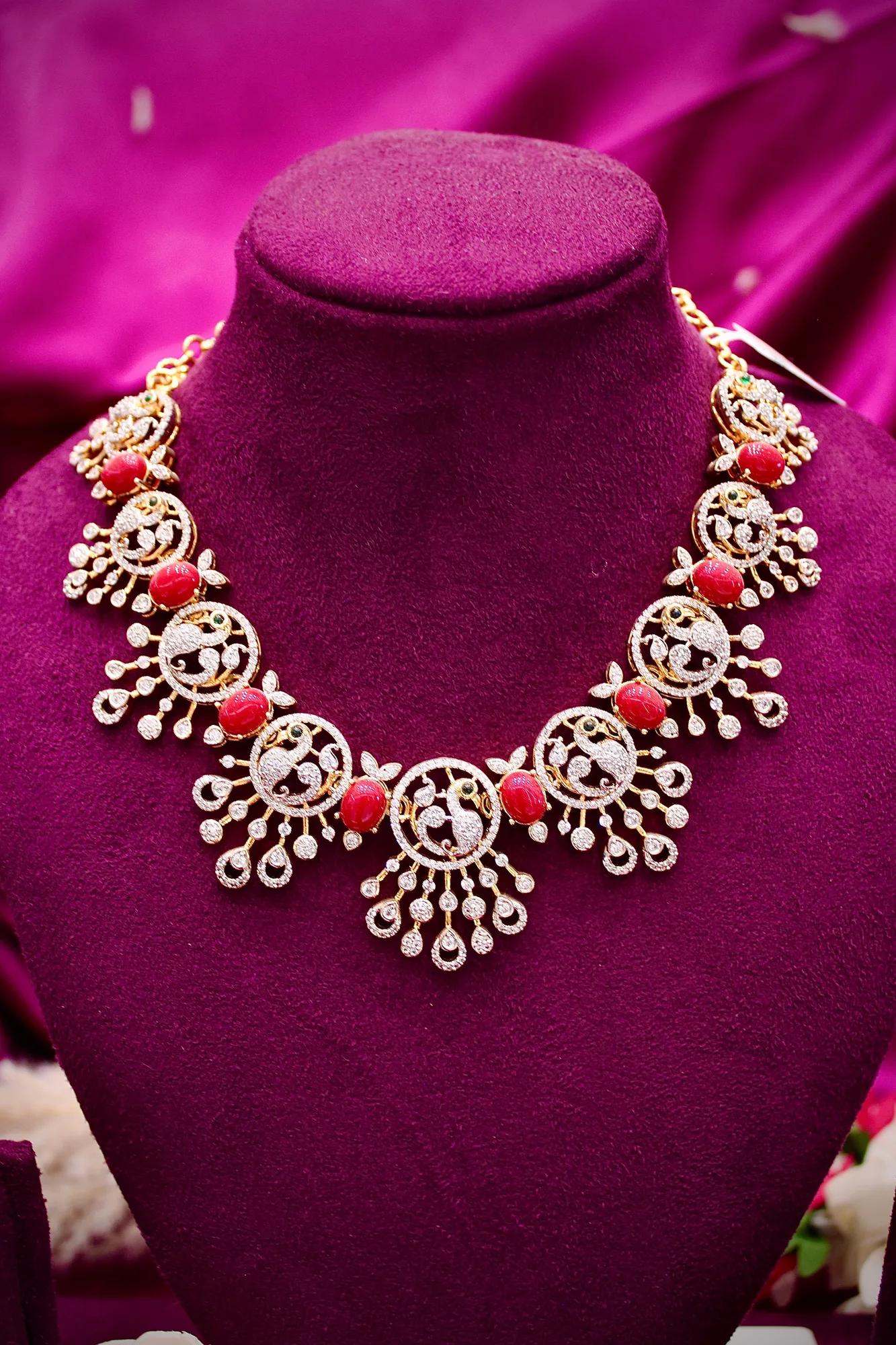 Coral Stone American Diamond Statement Necklace Set