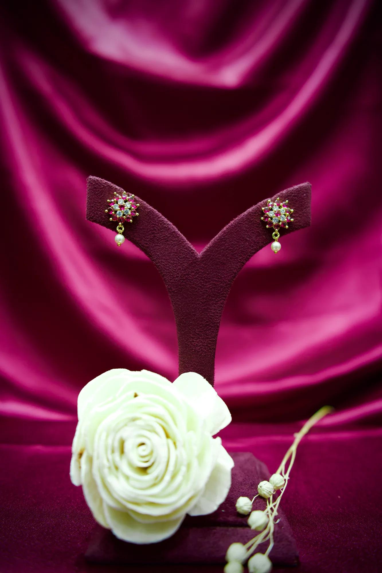 Floral Pearl Choker Necklace Set with Pink Stone Accents