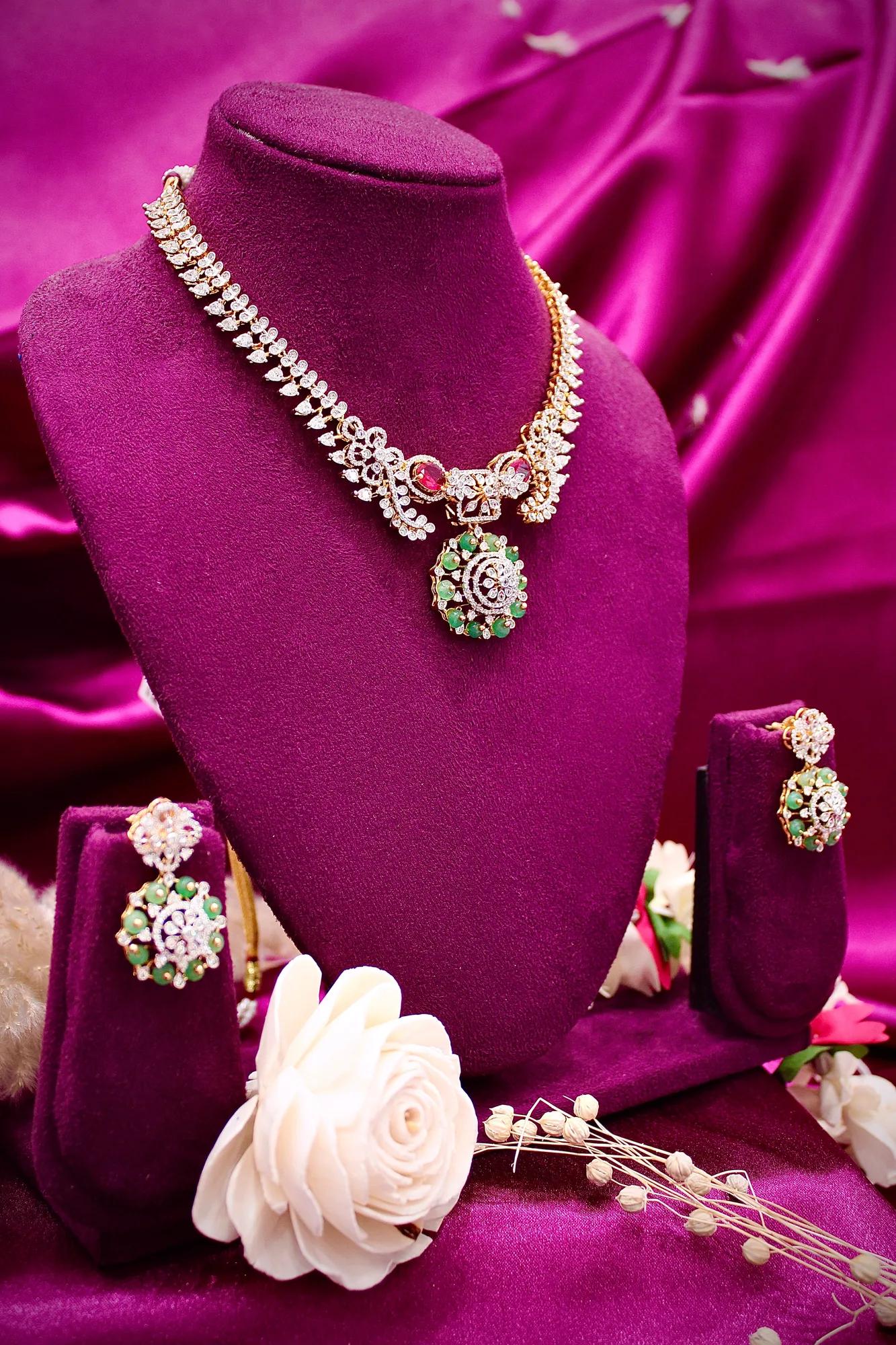 Emerald & Ruby Accent American Diamond Pendant Necklace Set
