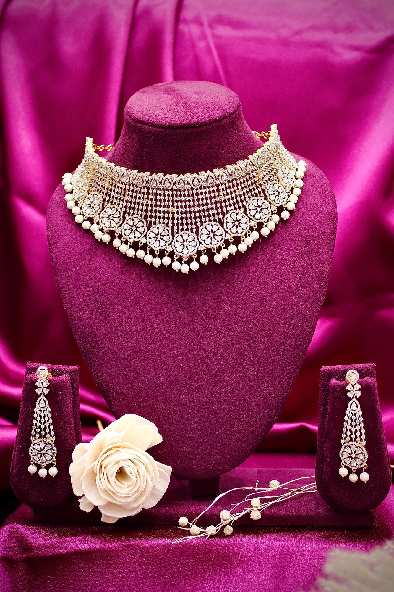 Royal American Diamond Pearl Fringe Choker Set with Long Earrings