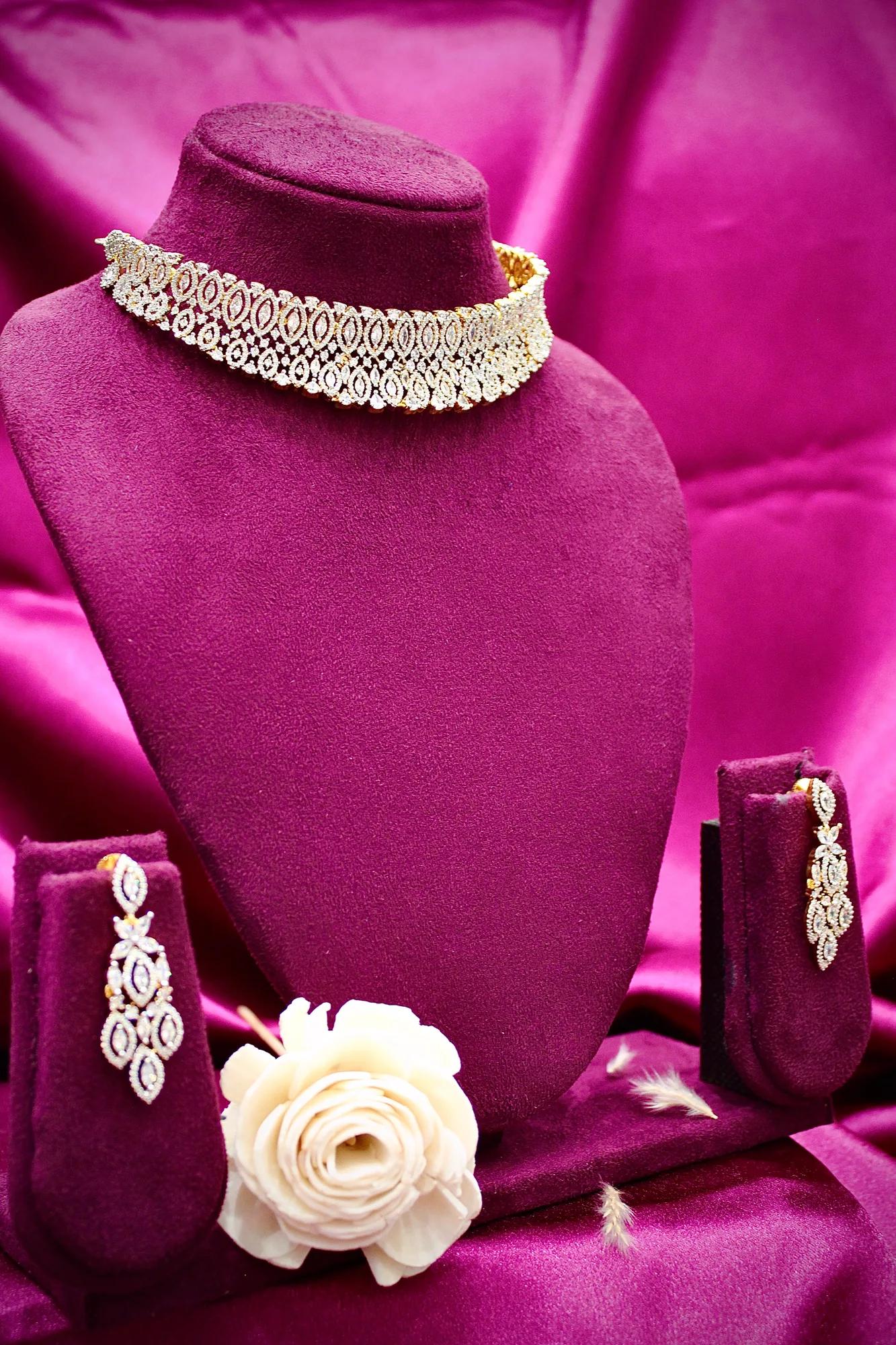 Luxury American Diamond Choker Set with Designer Drop Earrings
