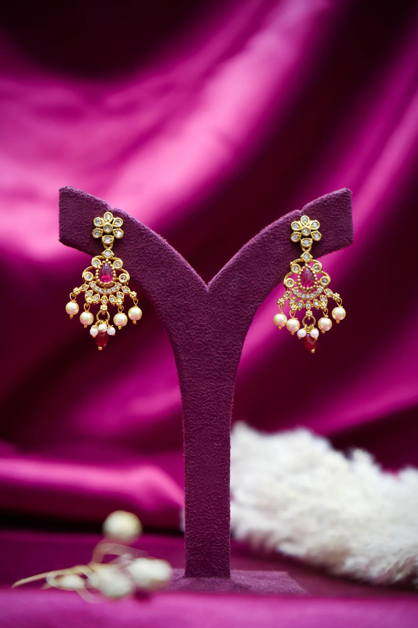 Pink Stone Pearl Chandbali Drop Earrings