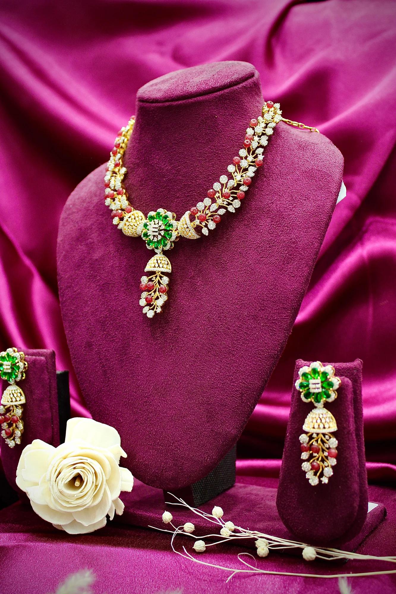 Royal Emerald Floral Jhumka Drop Earrings with Ruby Accents
