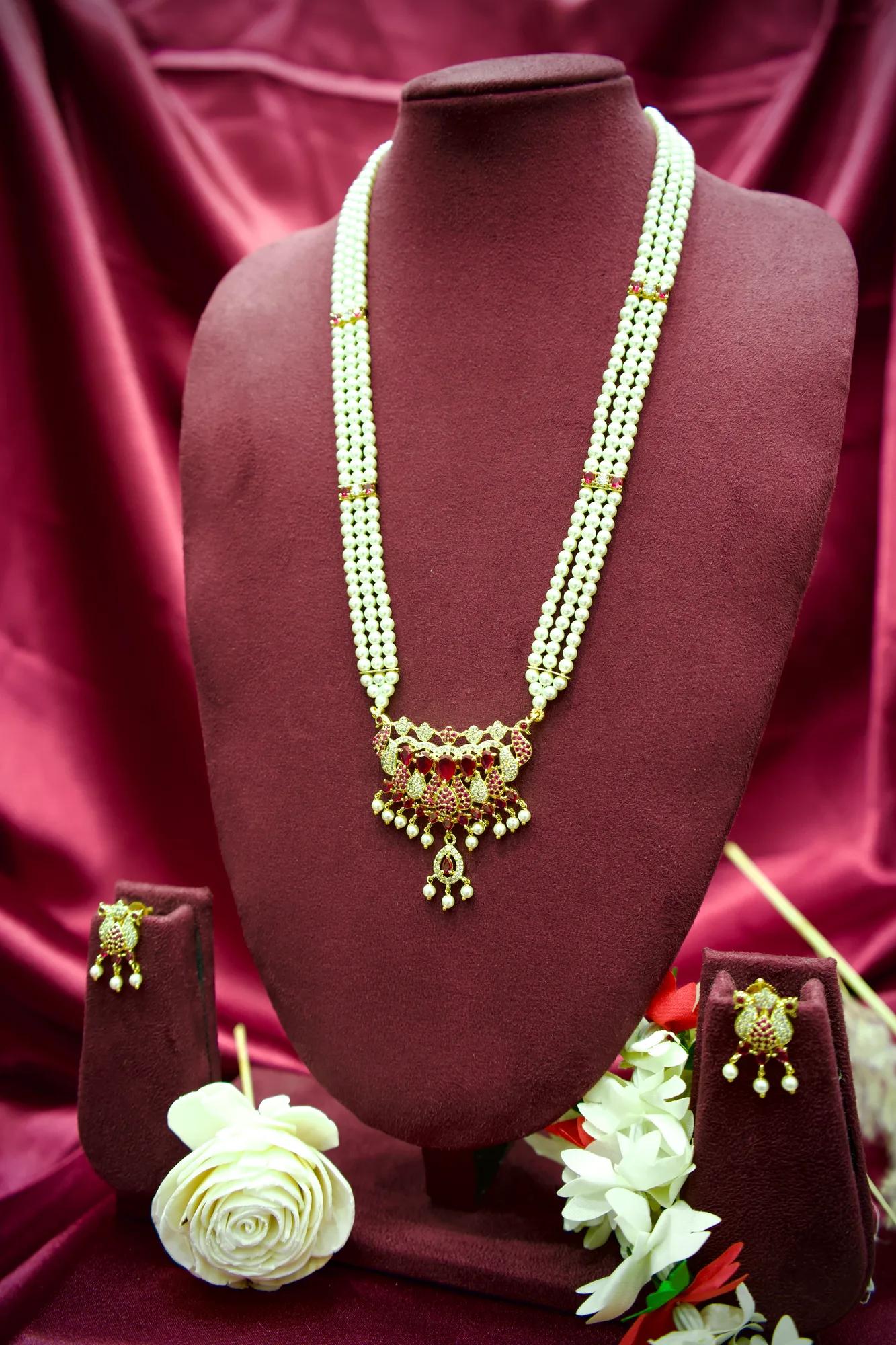 Royal Pearl Pendant Necklace Set with Ruby CZ Detailing
