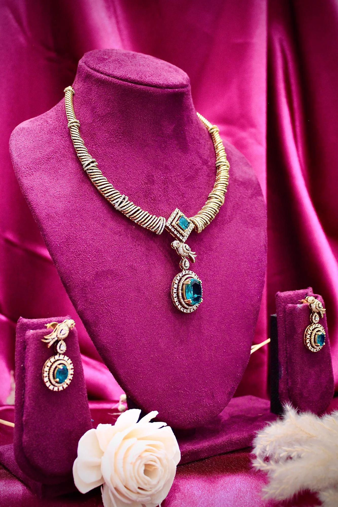 Royal Azure Stone Statement Necklace Set with Earrings