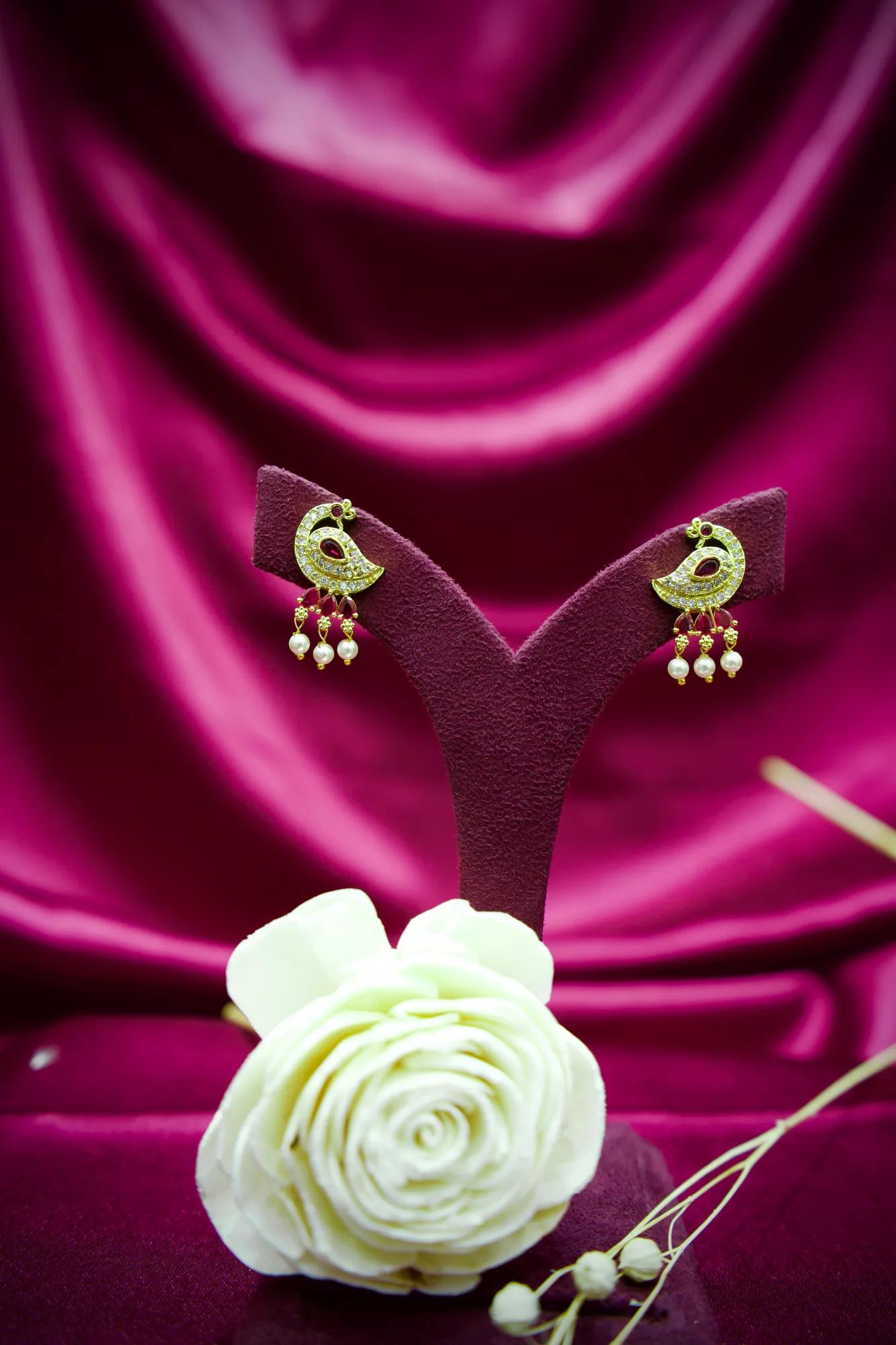 Classic Pearl Pendant Necklace Set with Ruby Stone Accents