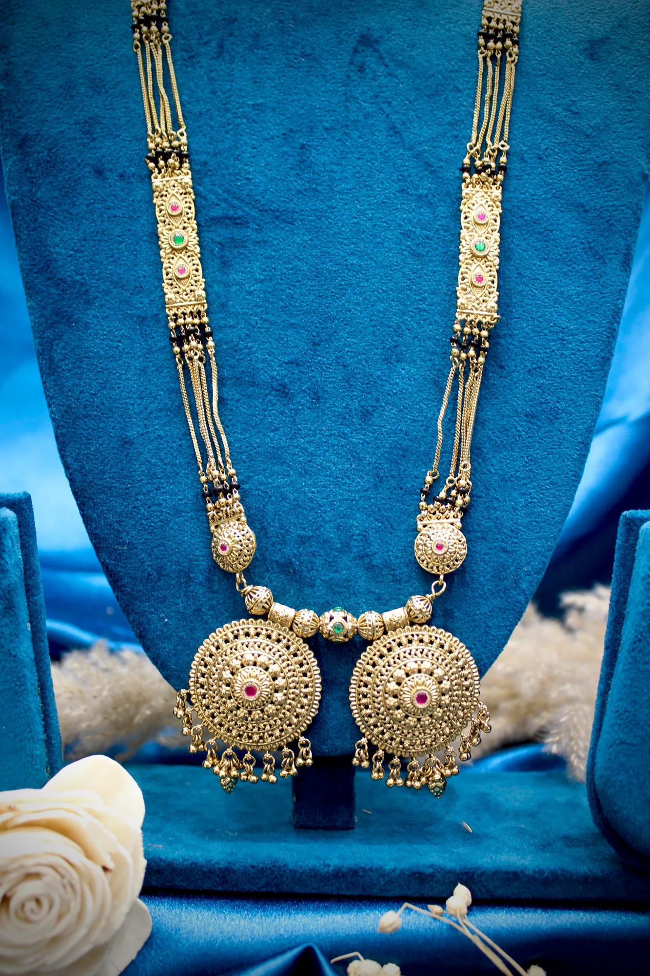 Royal Antique Gold Circular Twin Pendant Designer Black Bead Mangalsutra